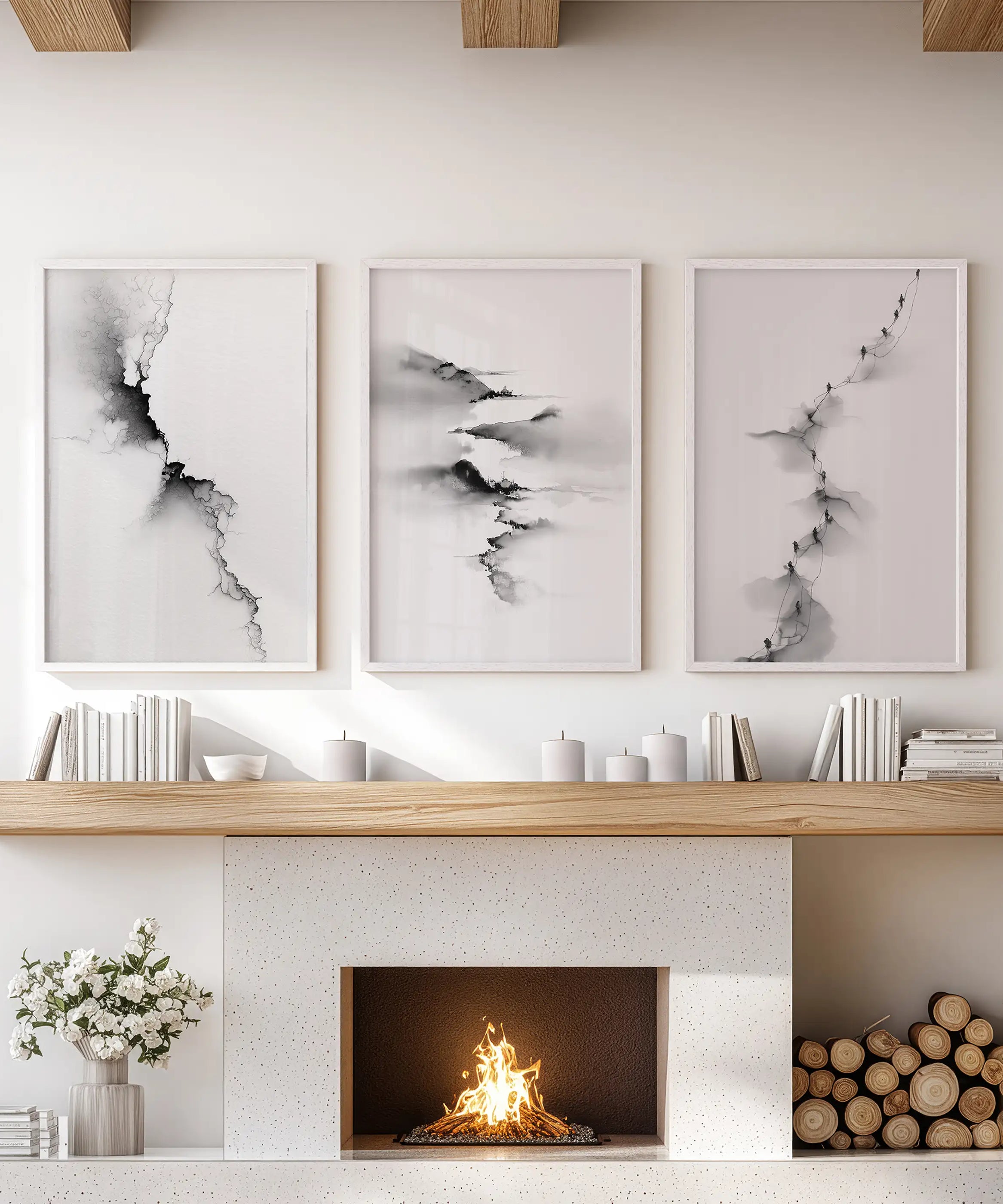 Abstract Mountain 3 Piece Wall Art. Black White Minimalist