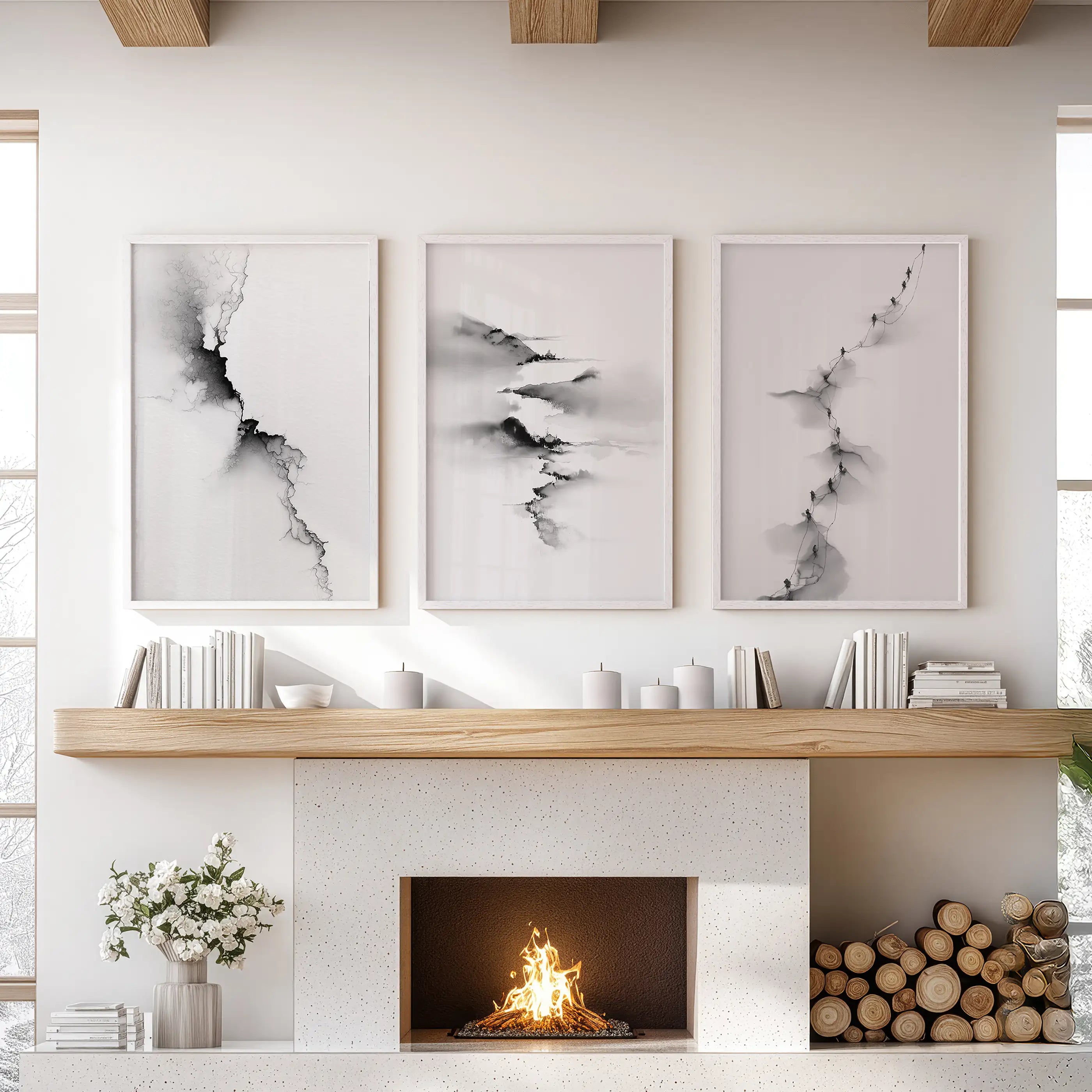 Abstract Mountain 3 Piece Wall Art. Black White Minimalist