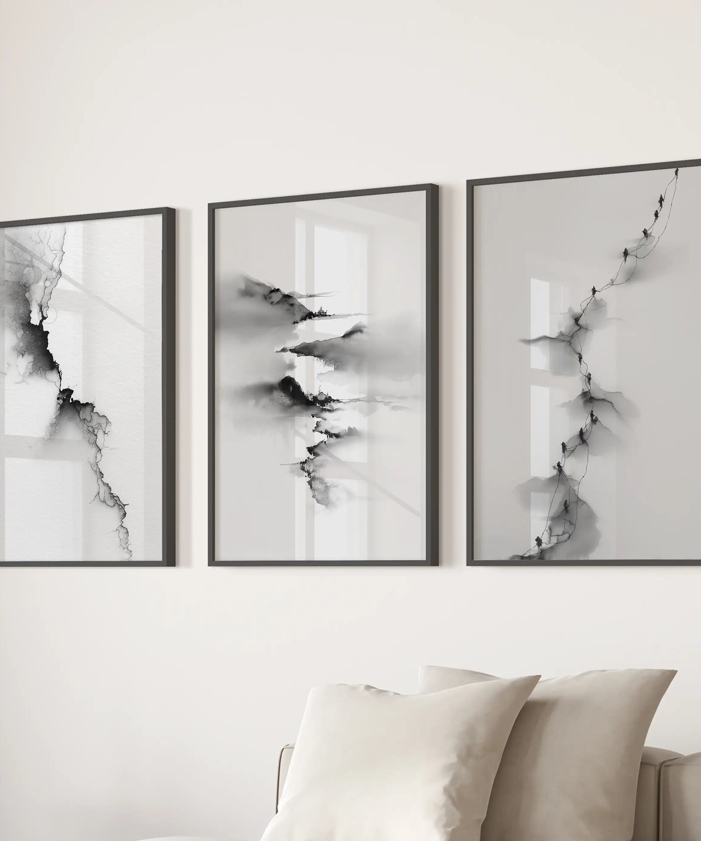 Abstract Mountain 3 Piece Wall Art. Black White Minimalist