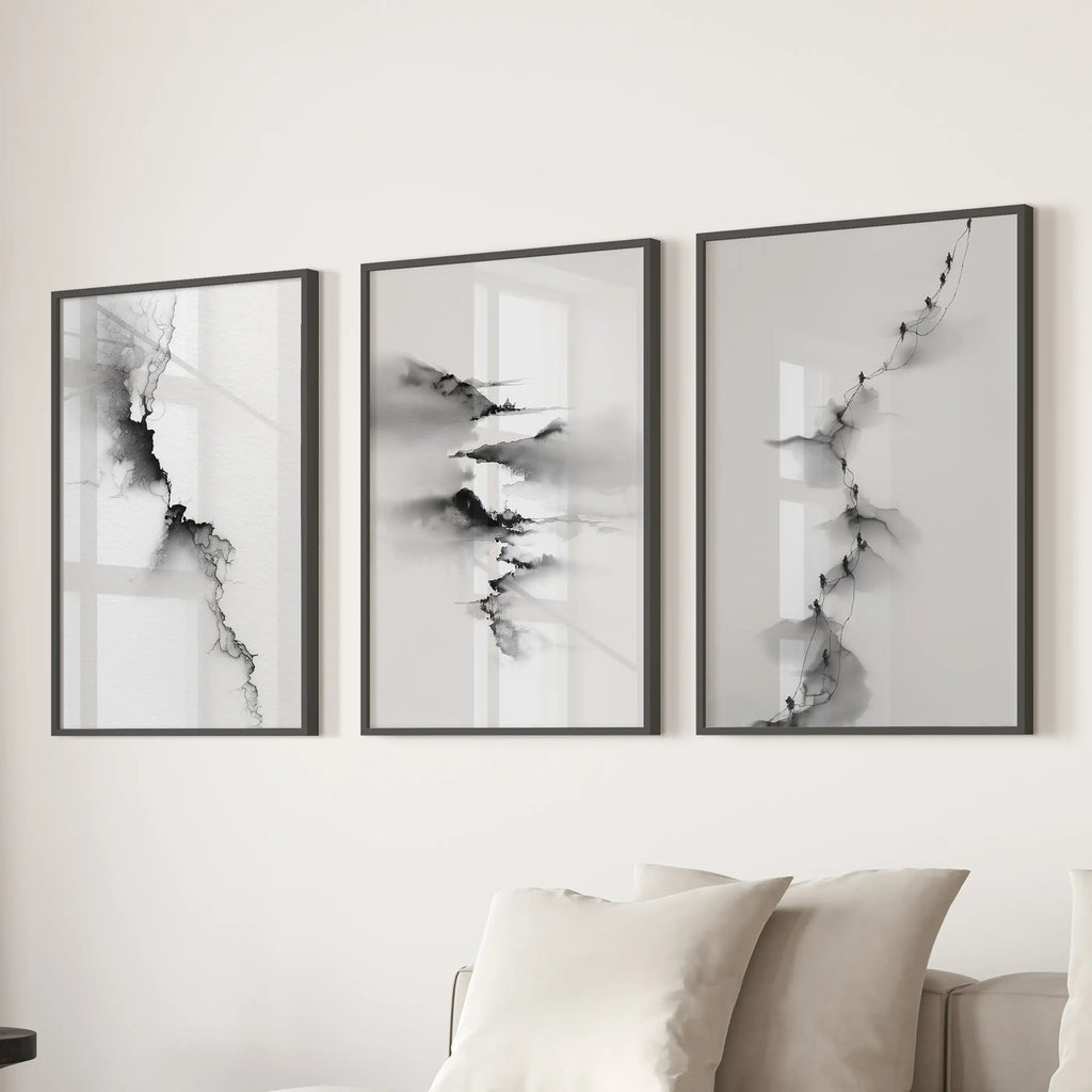 Abstract Mountain 3 Piece Wall Art. Black White Minimalist