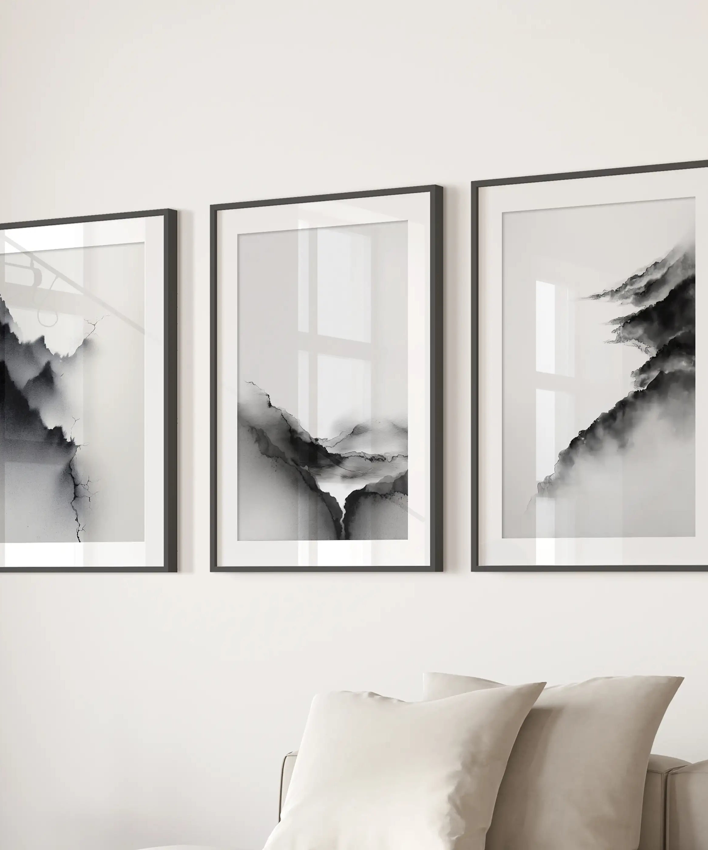 Black White Mountain Landscape Art Set of 3. Calming Nature