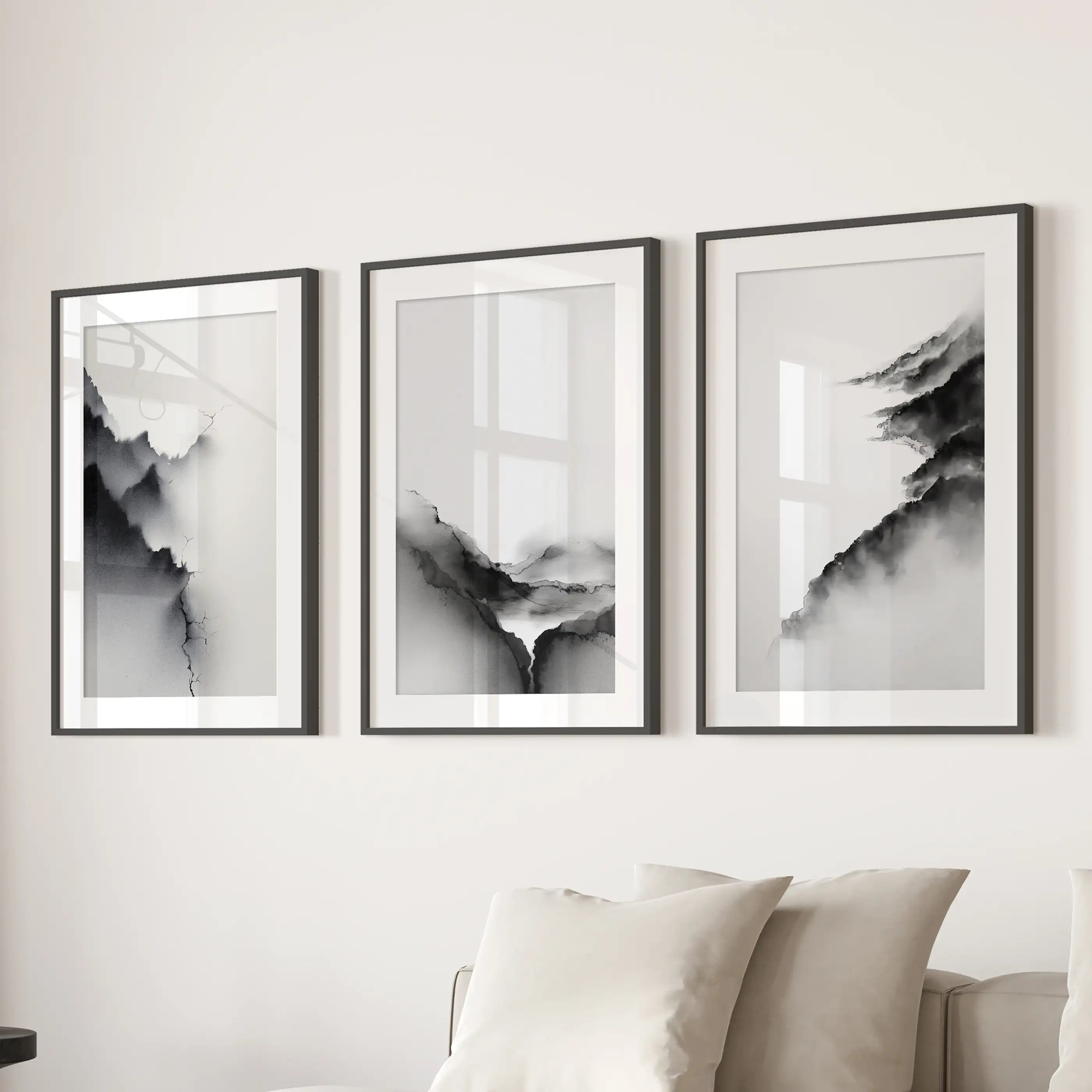 Black White Mountain Landscape Art Set of 3. Calming Nature