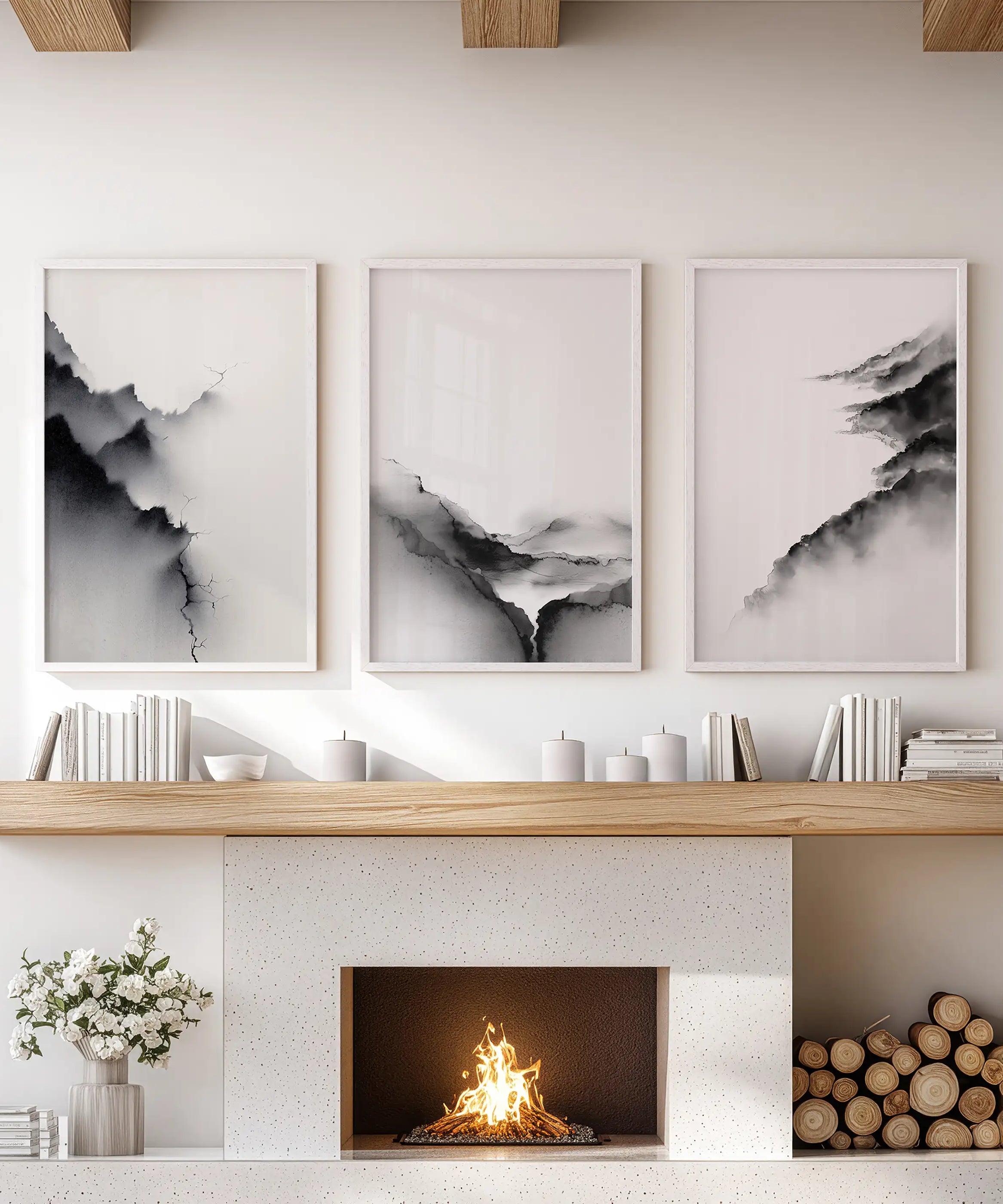 Black White Mountain Landscape Art Set of 3. Calming Nature