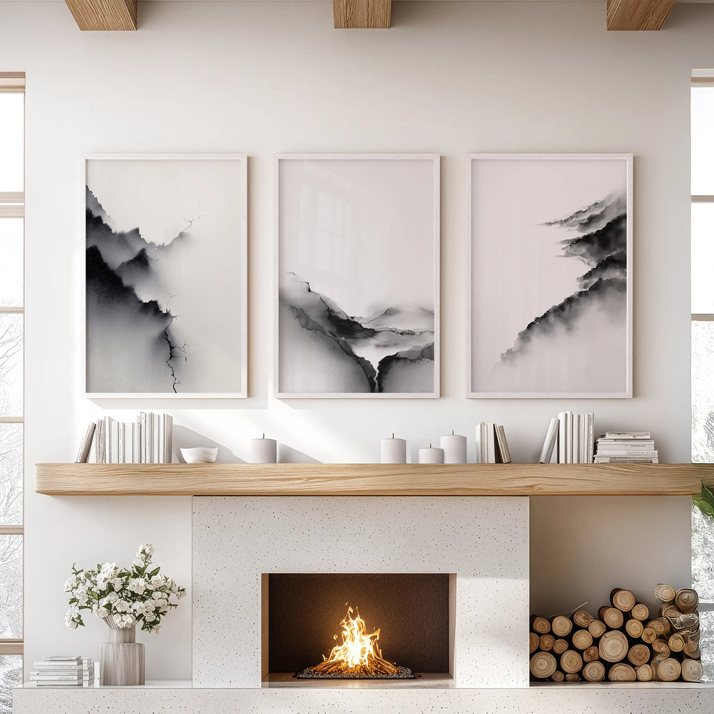 Black White Mountain Landscape Art Set of 3. Calming Nature