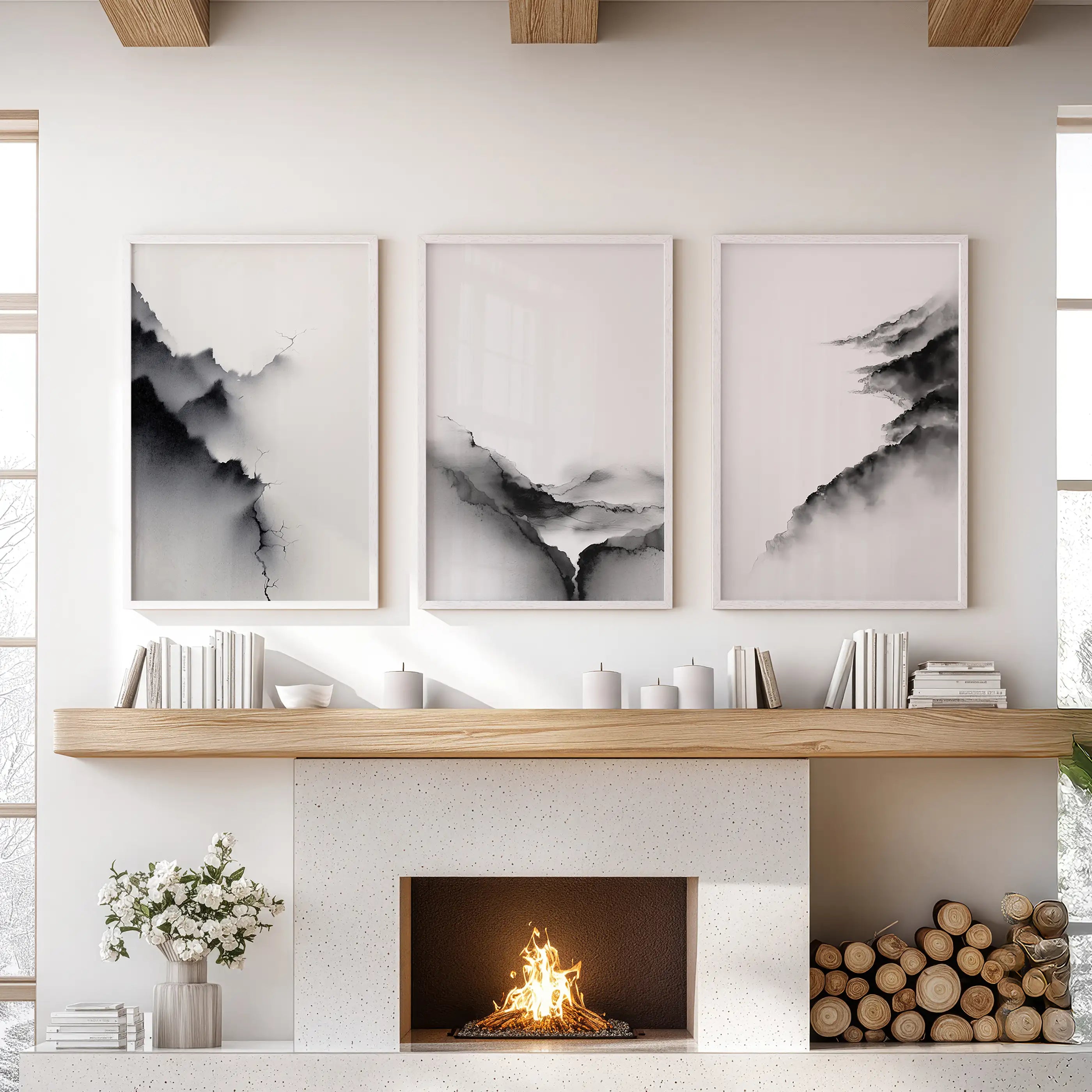 Black White Mountain Landscape Art Set of 3. Calming Nature