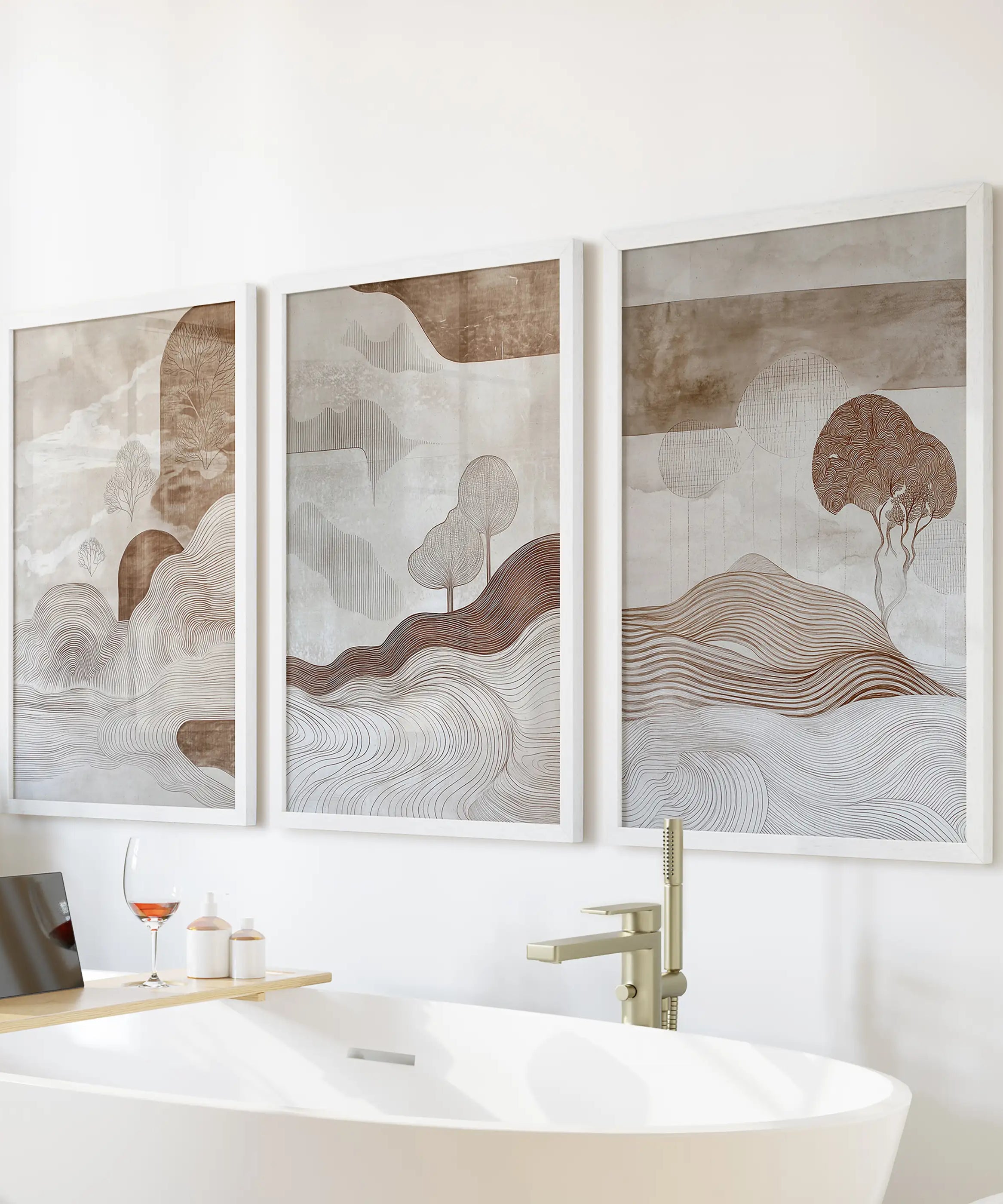 Wabi Sabi Line Art Set of 3 Prints. Earth Tones Landscape