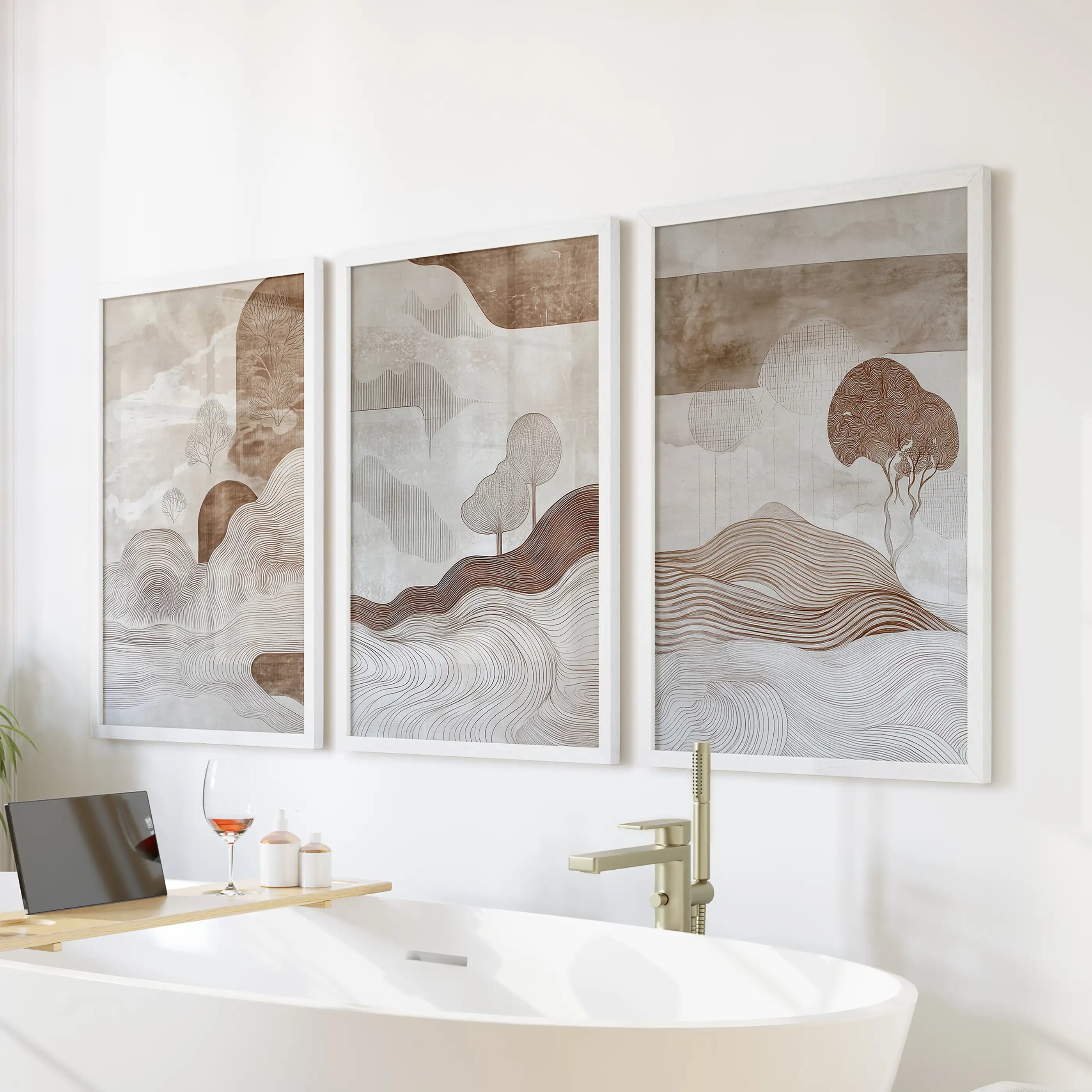 Wabi Sabi Line Art Set of 3 Prints. Earth Tones Landscape