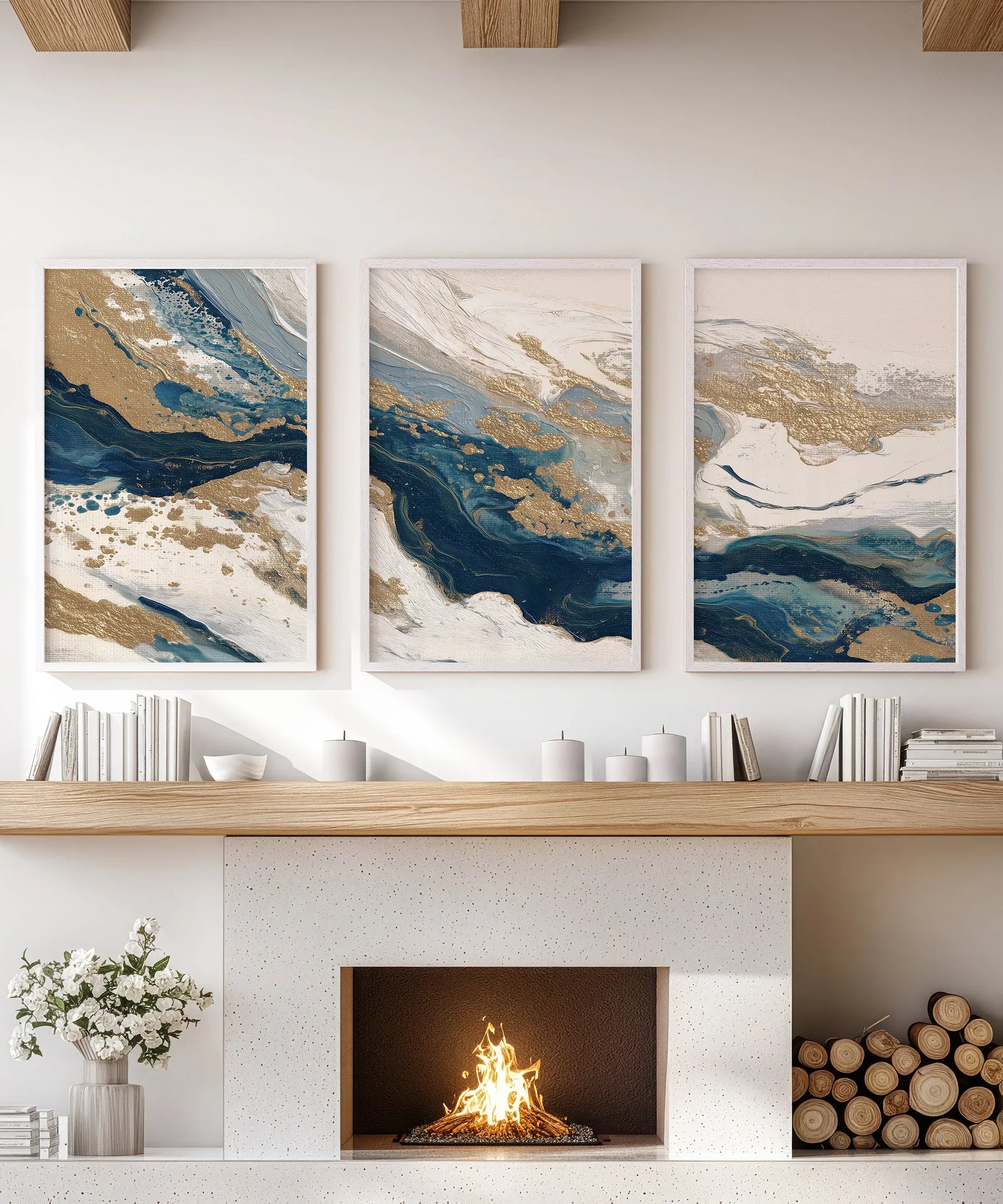 Gold & Blue Brush Strokes. Luxury 3 Piece Abstract Wall Art