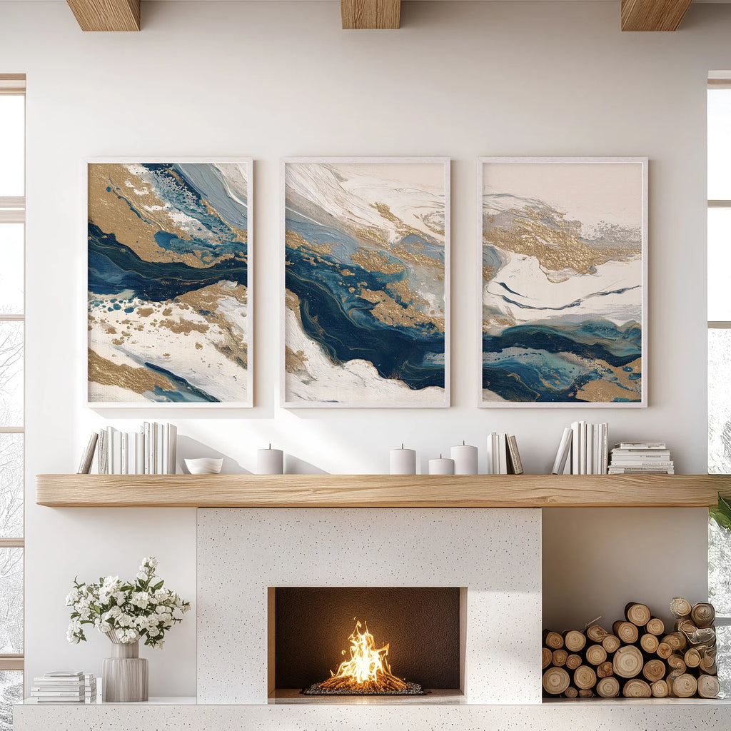 Gold & Blue Brush Strokes. Luxury 3 Piece Abstract Wall Art