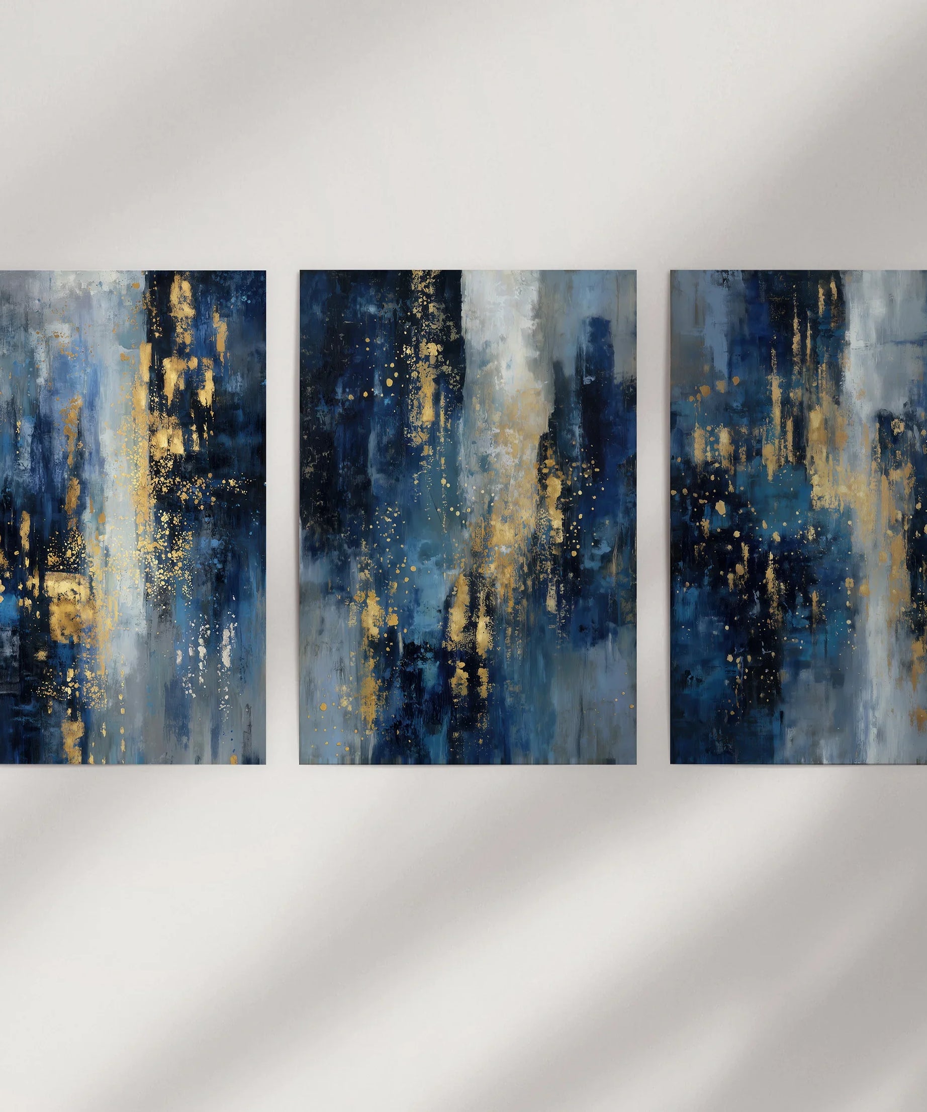 Navy Blue and Gold Triptych. Sparkle Oil Painting Prints