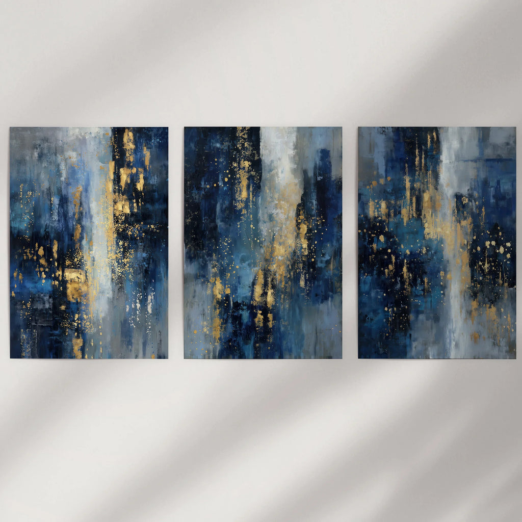 Navy Blue and Gold Triptych. Sparkle Oil Painting Prints