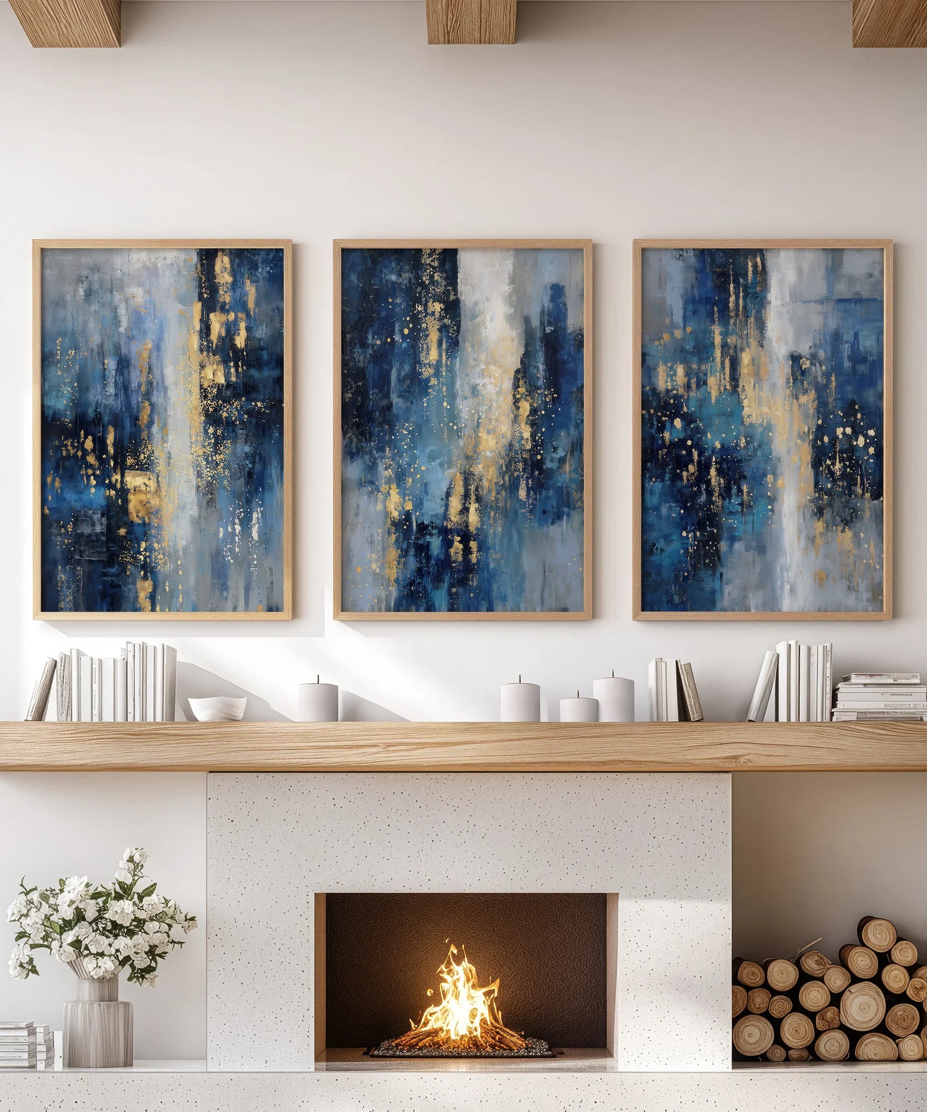 Navy Blue and Gold Triptych. Sparkle Oil Painting Prints