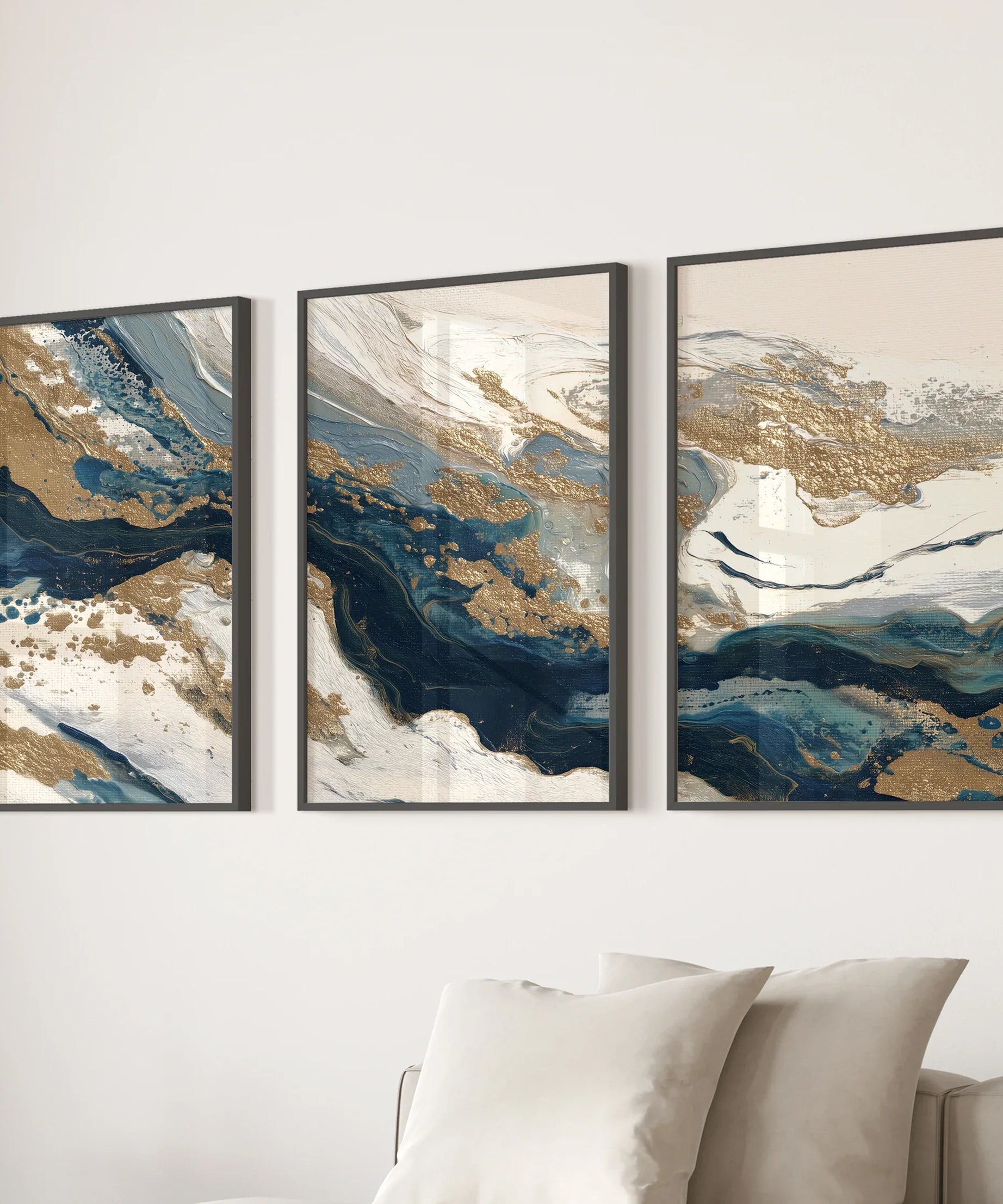 Gold & Blue Brush Strokes. Luxury 3 Piece Abstract Wall Art