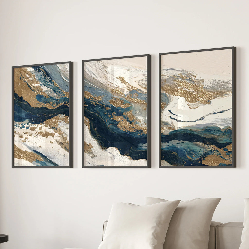 Gold & Blue Brush Strokes. Luxury 3 Piece Abstract Wall Art