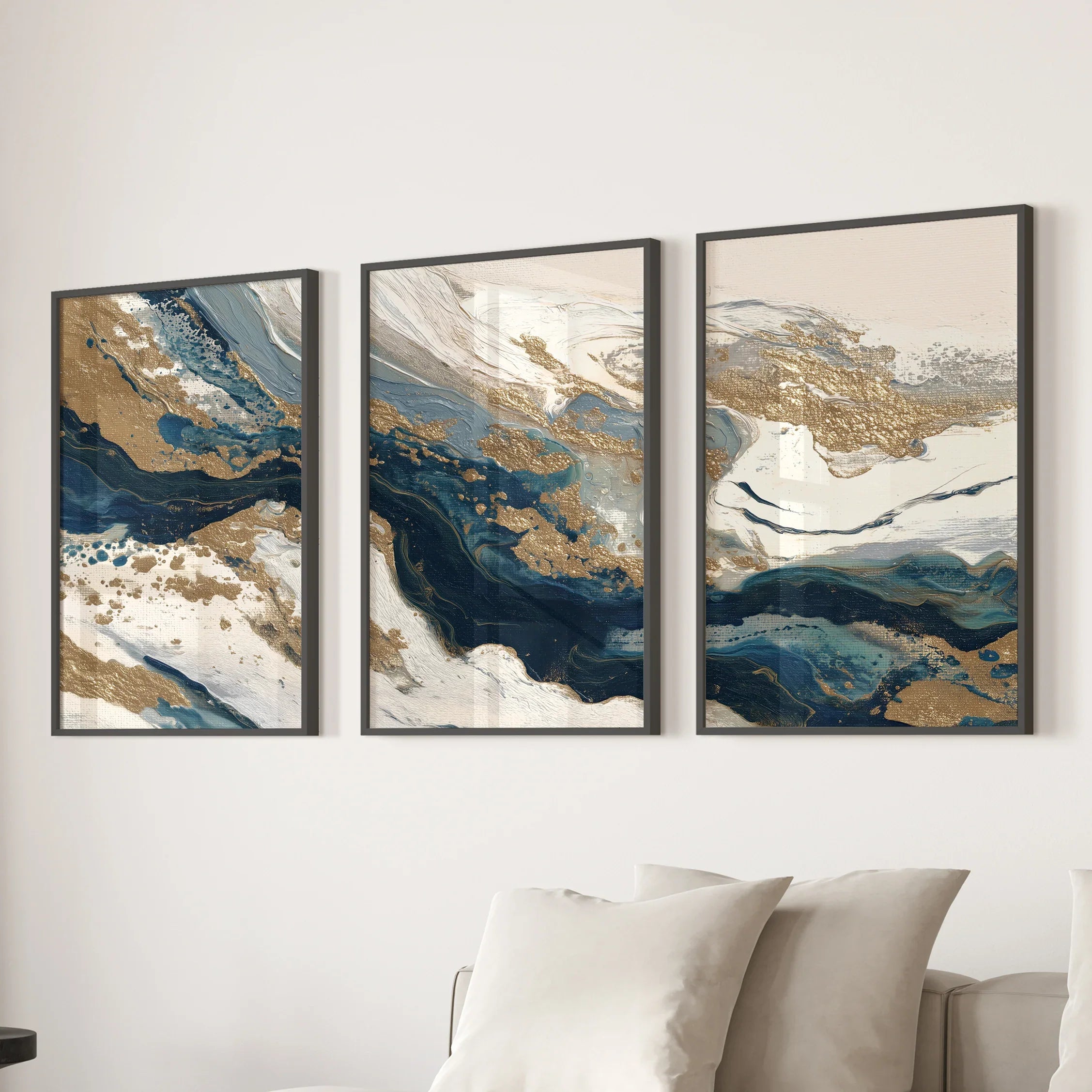 Gold & Blue Brush Strokes. Luxury 3 Piece Abstract Wall Art