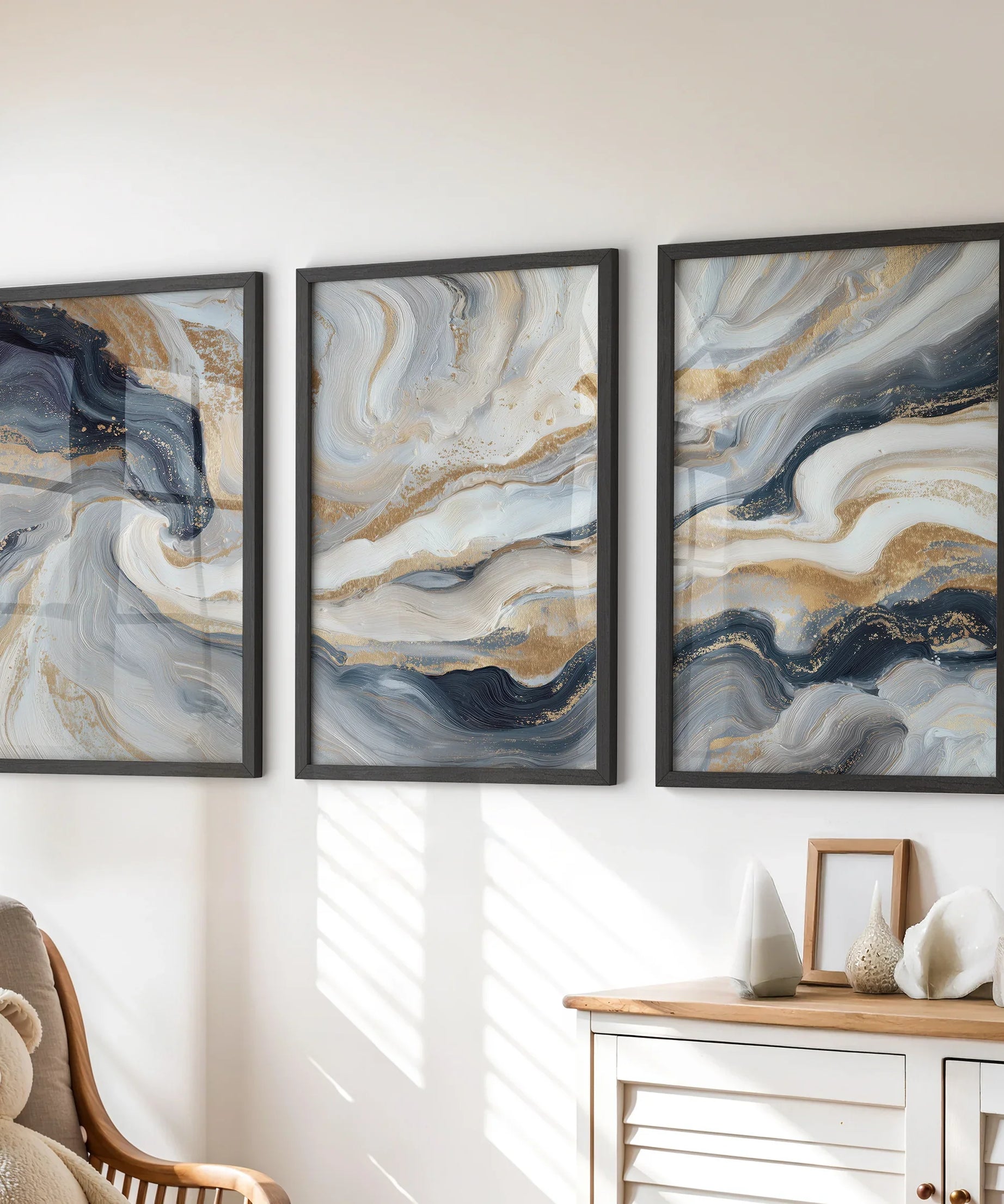 3 Piece Modern Abstract Marble Wall Art: Navy Blue and Gold