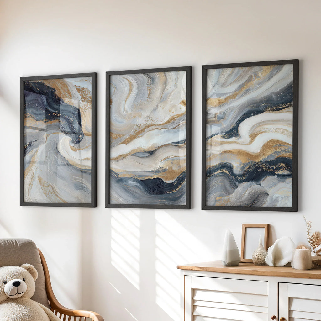 3 Piece Modern Abstract Marble Wall Art: Navy Blue and Gold