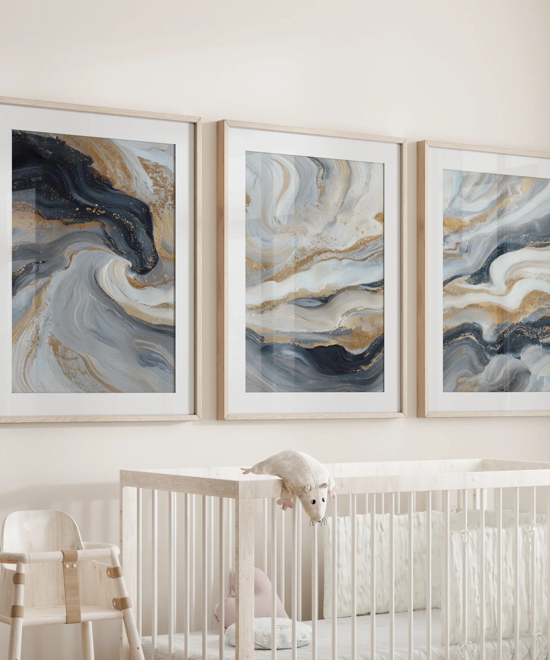 3 Piece Modern Abstract Marble Wall Art: Navy Blue and Gold