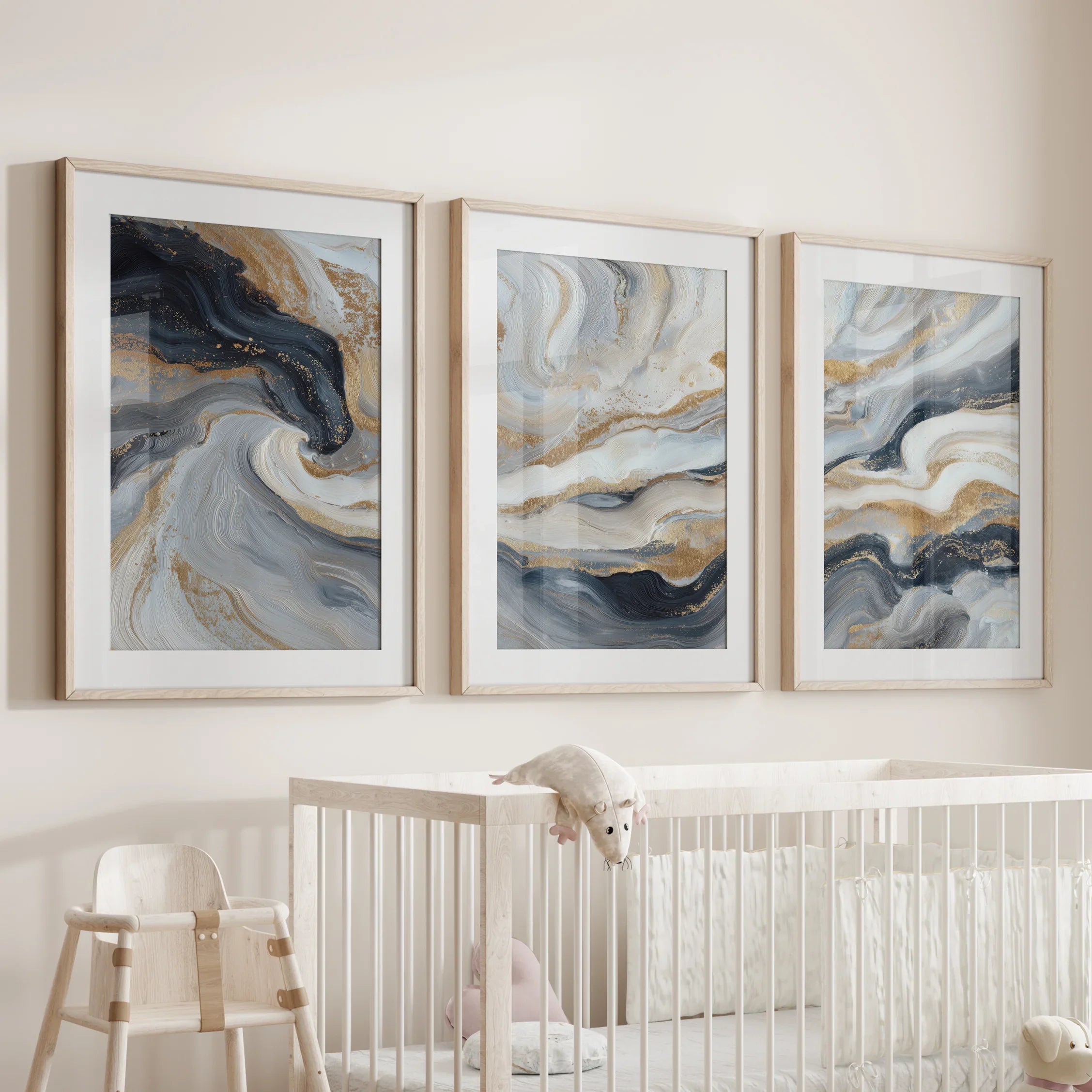 3 Piece Modern Abstract Marble Wall Art: Navy Blue and Gold
