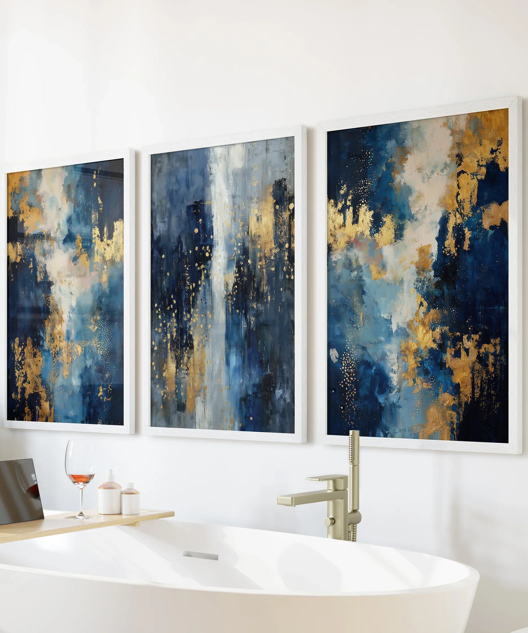 Elegant Navy and Gold Art Set of 3. Contemporary Abstract Prints