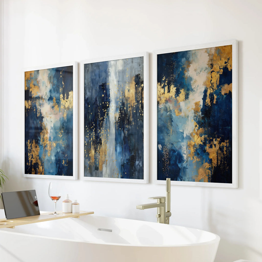 Elegant Navy and Gold Art Set of 3. Contemporary Abstract Prints