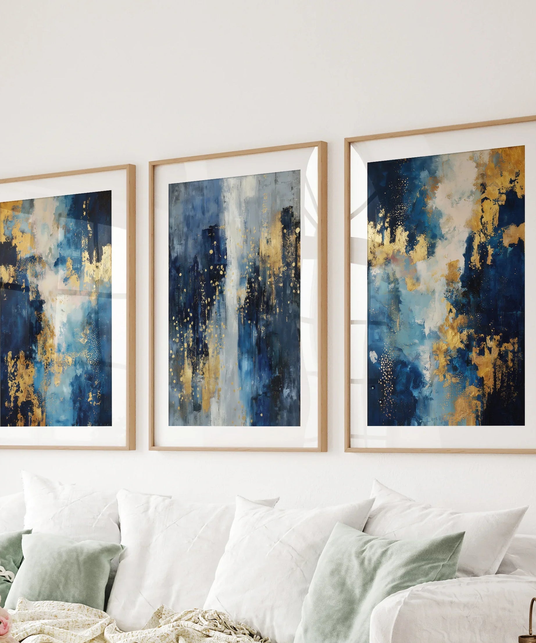 Elegant Navy and Gold Art Set of 3. Contemporary Abstract Prints