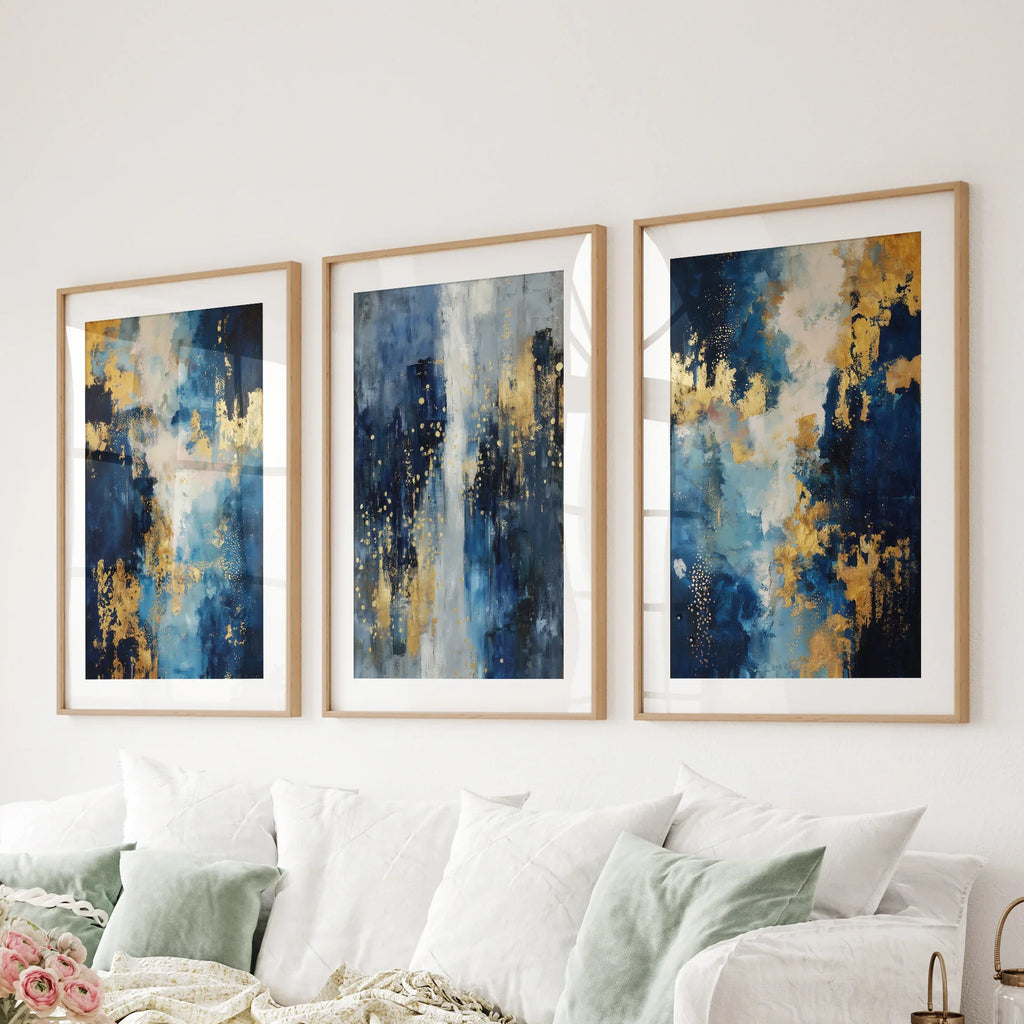 Elegant Navy and Gold Art Set of 3. Contemporary Abstract Prints
