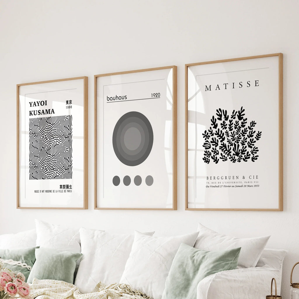 Black White Kusama, Matisse, Bauhaus Posters. Art Set of 3