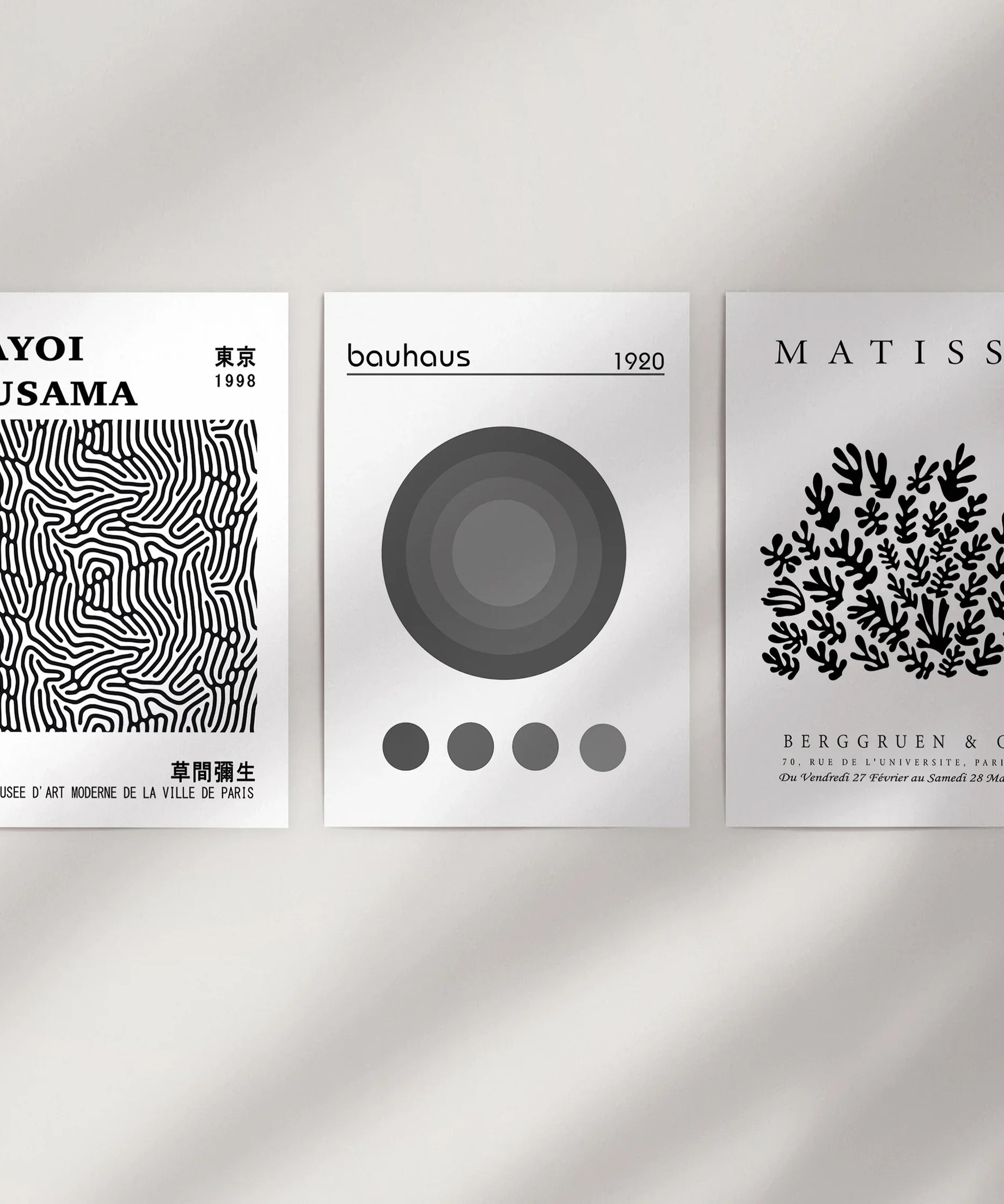 Black White Kusama, Matisse, Bauhaus Posters. Art Set of 3