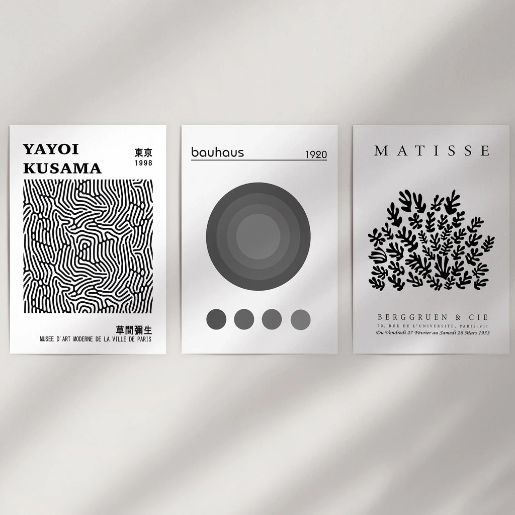 Black White Kusama, Matisse, Bauhaus Posters. Art Set of 3