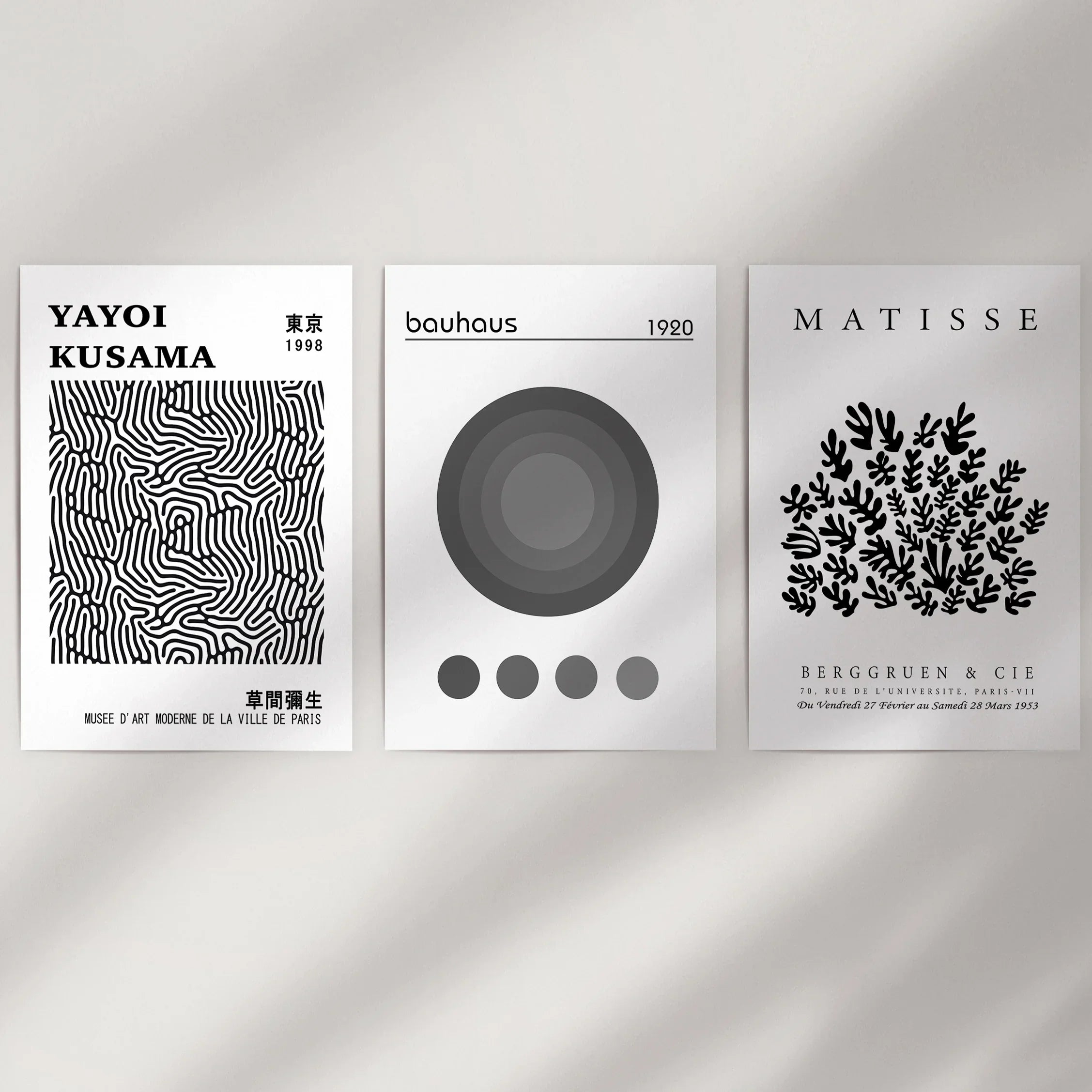 Black White Kusama, Matisse, Bauhaus Posters. Art Set of 3