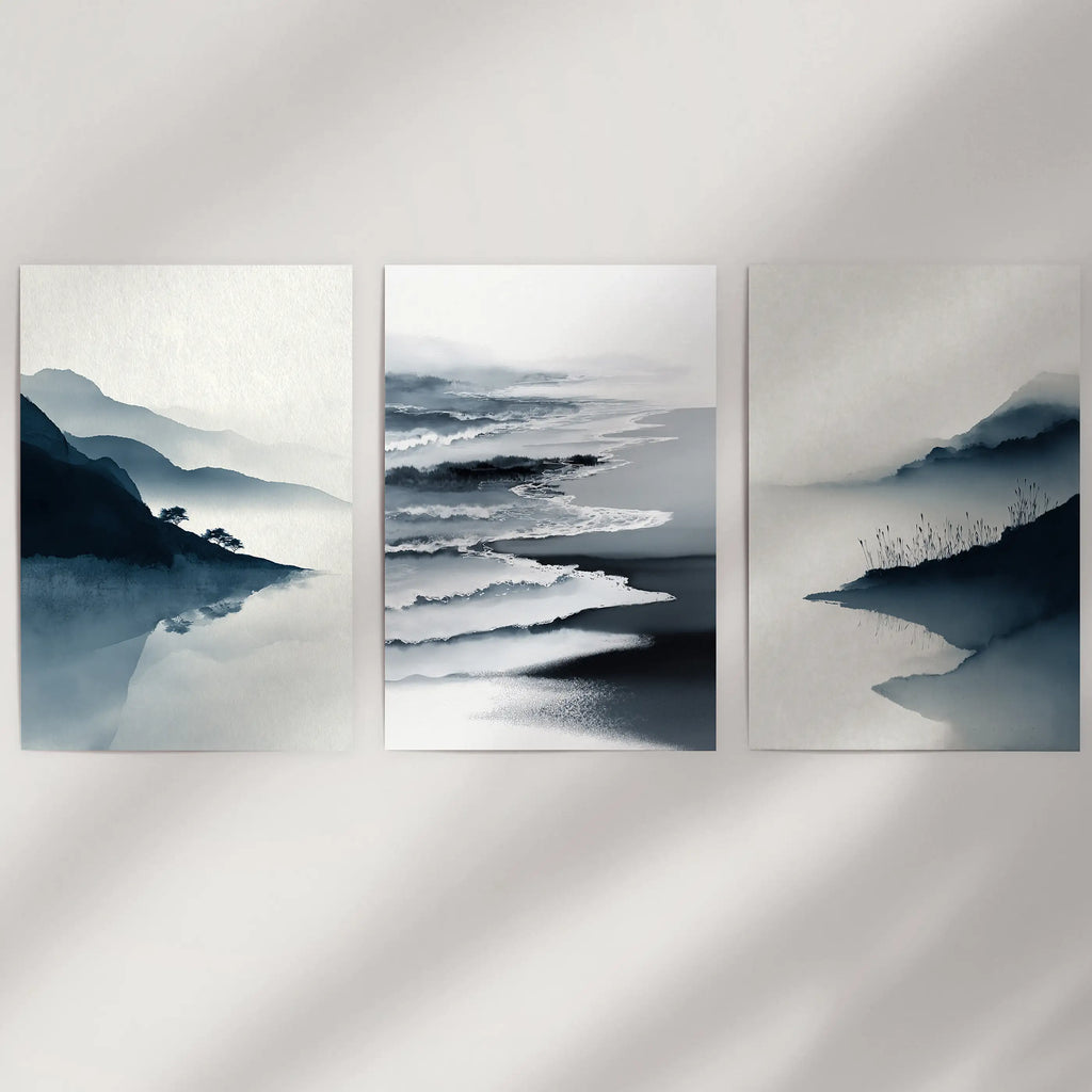 Minimalist Mountain Lake Set of 3. Modern Landscape Prints