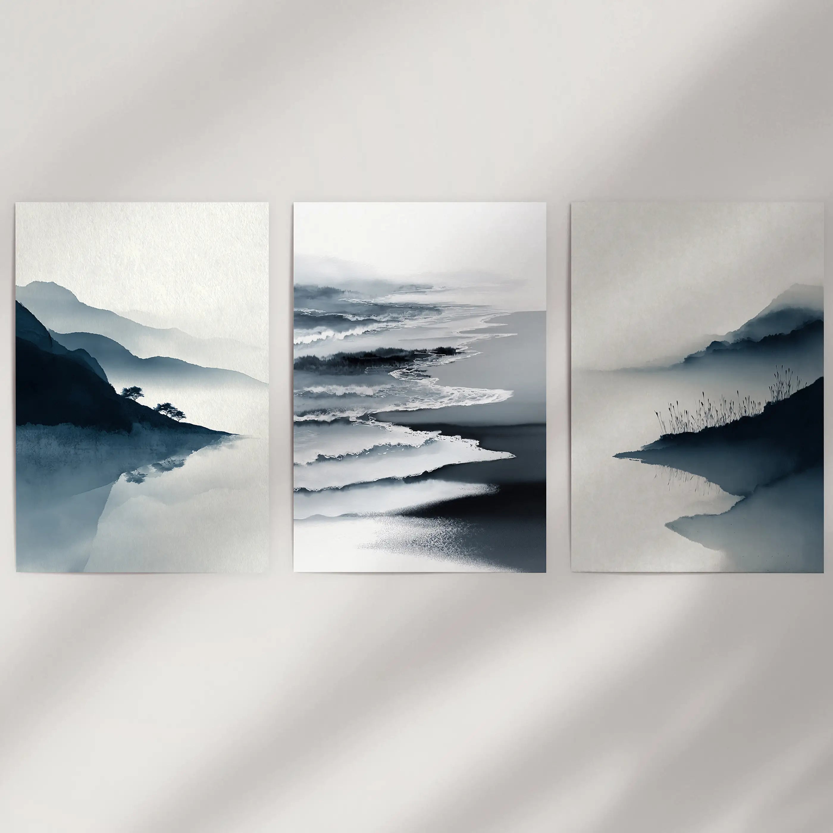Minimalist Mountain Lake Set of 3. Modern Landscape Prints
