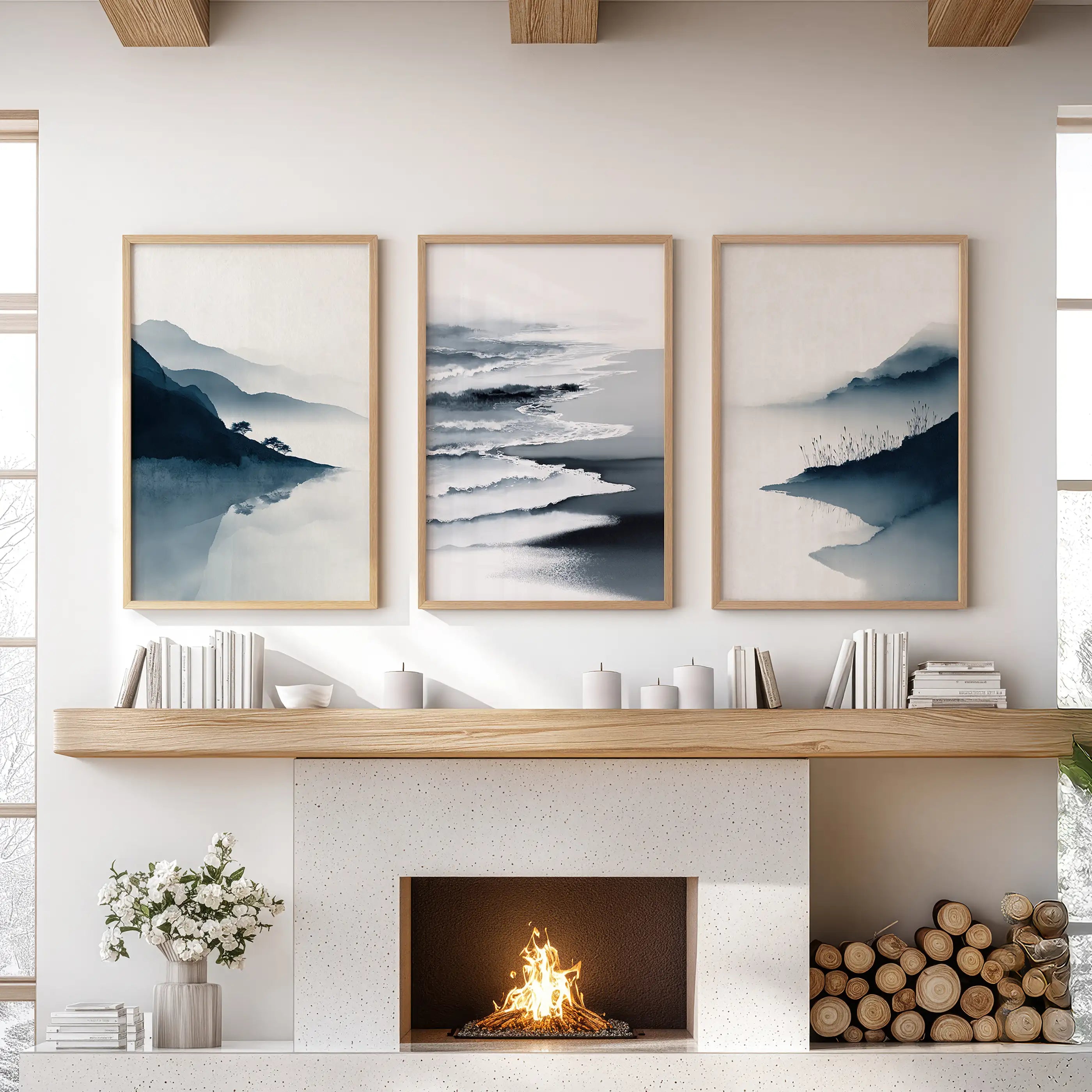Minimalist Mountain Lake Set of 3. Modern Landscape Prints