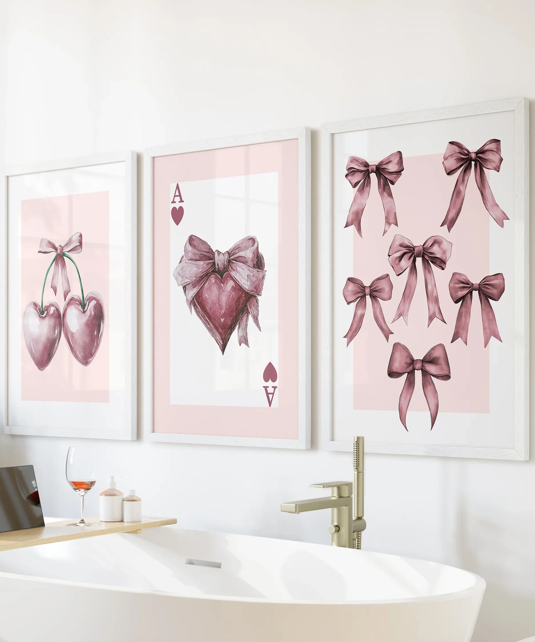 Coquette Cherry Wall Art Set of 3. Pink Romantic Decor