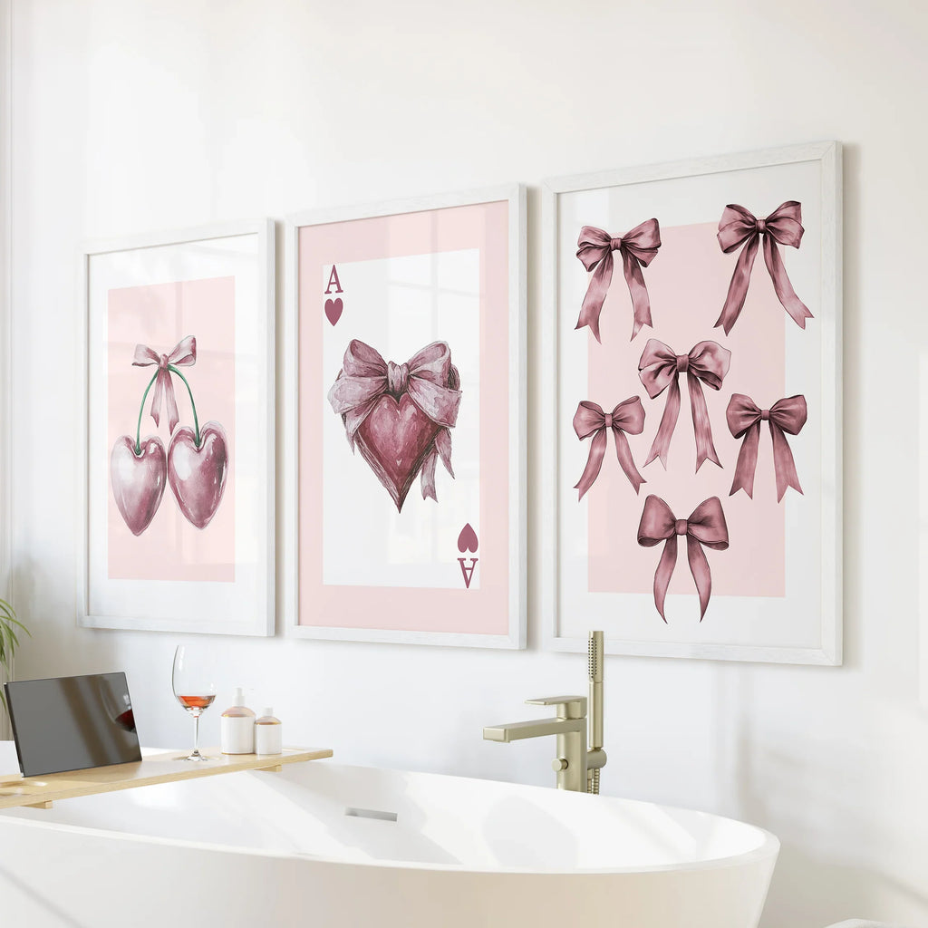 Coquette Cherry Wall Art Set of 3. Pink Romantic Decor