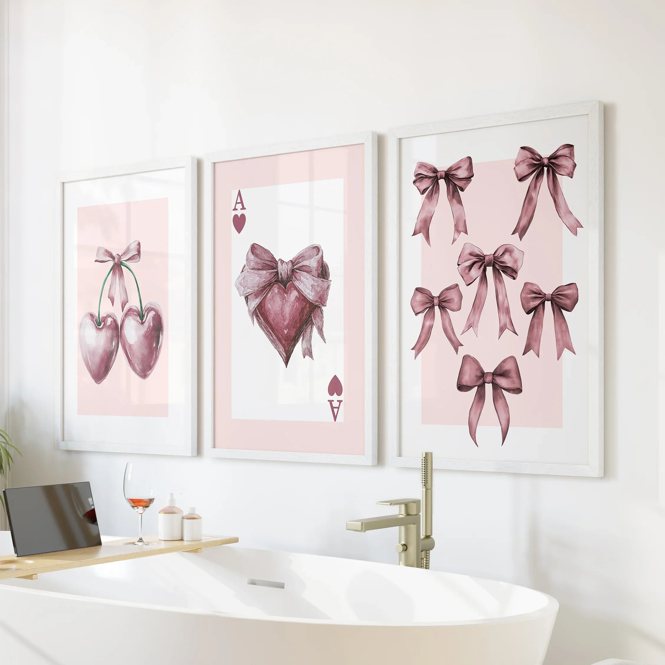 Coquette Cherry Wall Art Set of 3. Pink Romantic Decor