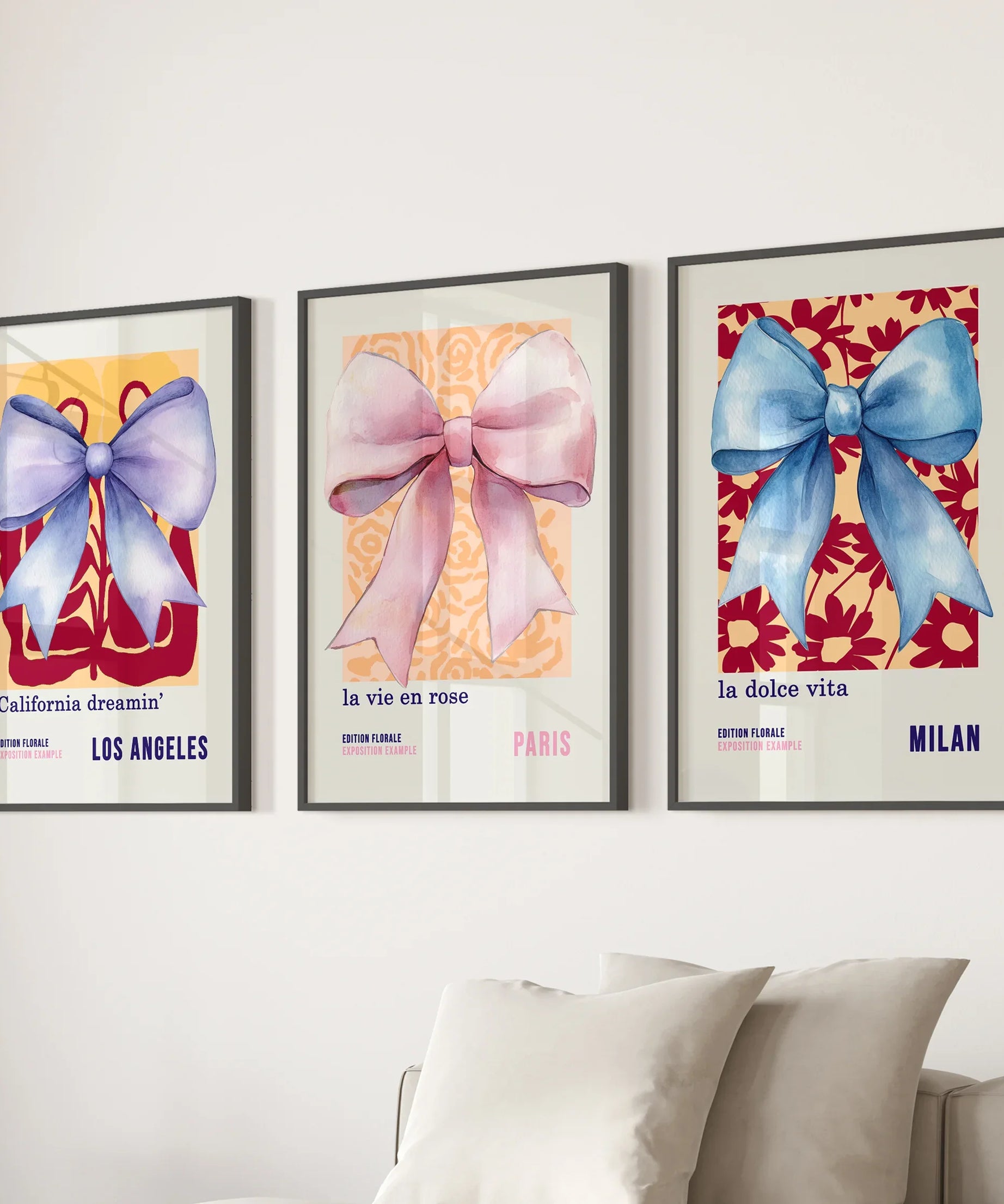 Girly Bow Wall Art Trio. Preppy Pastel Fashion Quotes Posters