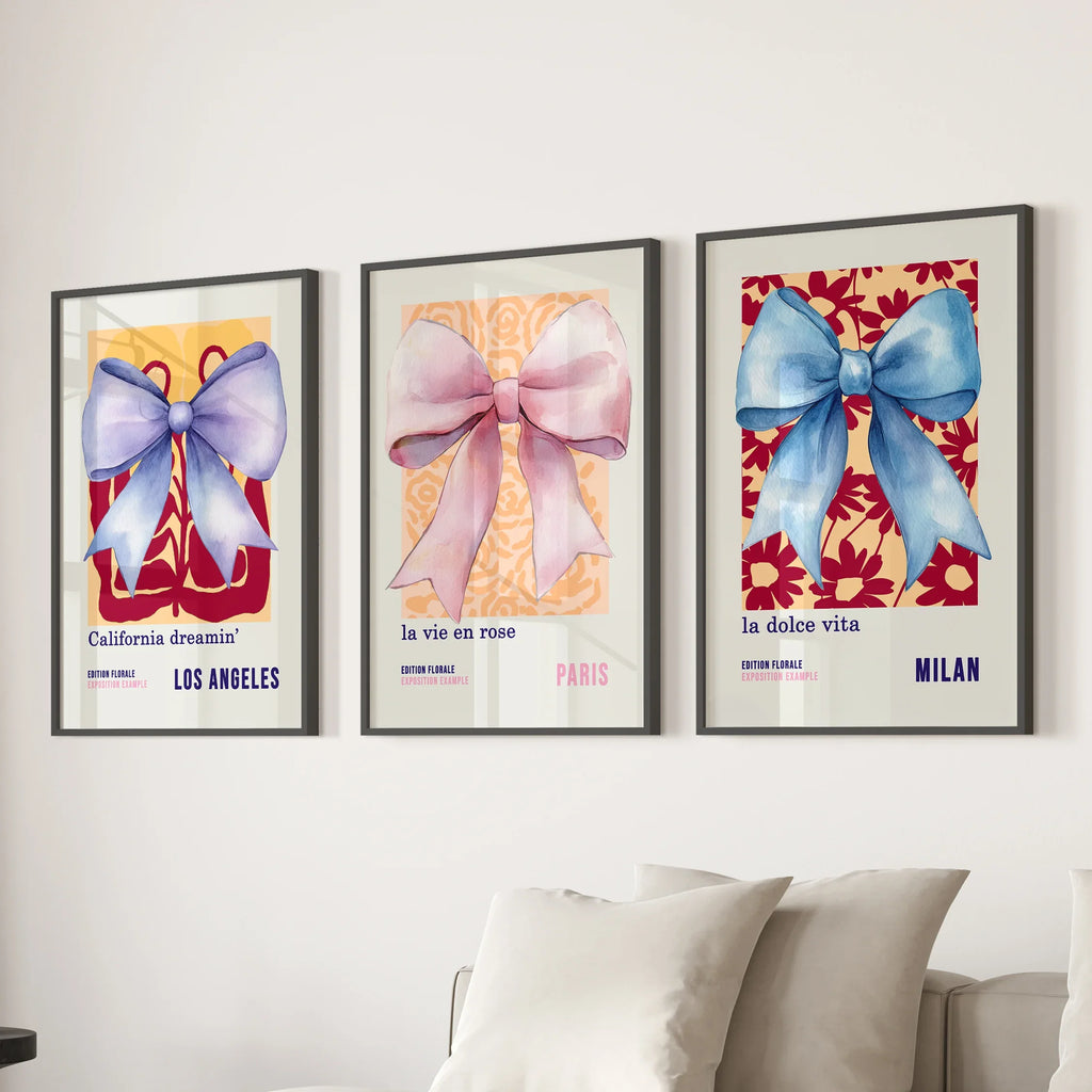 Girly Bow Wall Art Trio. Preppy Pastel Fashion Quotes Posters