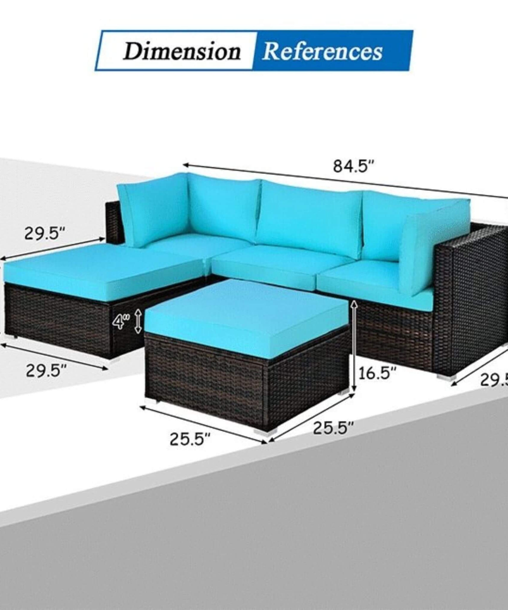 Alora Outdoor 5-Piece Patio Rattan Turquoise Furniture Sectional Conversation Sofa Set (SAK56878)