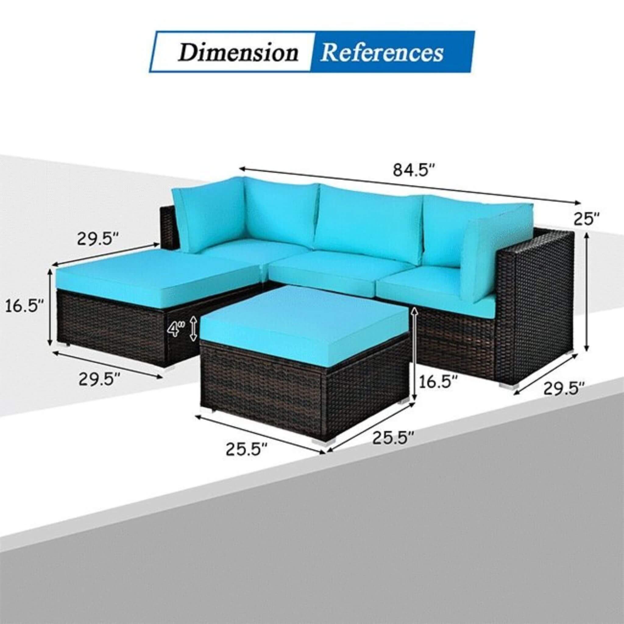 Alora Outdoor 5-Piece Patio Rattan Turquoise Furniture Sectional Conversation Sofa Set (SAK56878)