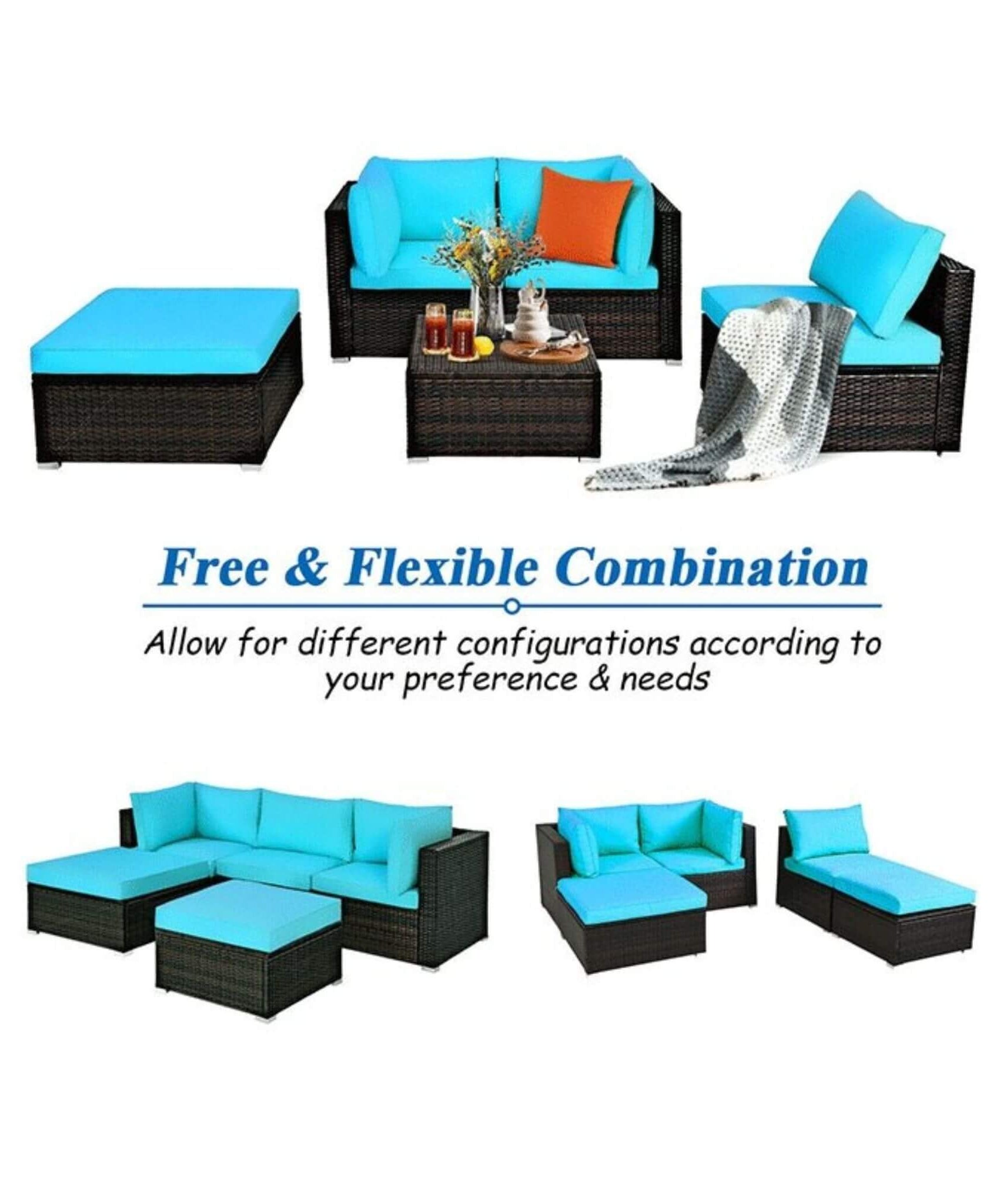 Alora Outdoor 5-Piece Patio Rattan Turquoise Furniture Sectional Conversation Sofa Set (SAK56878)