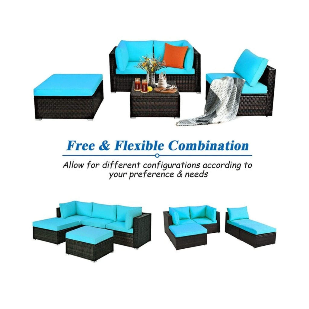 Alora Outdoor 5-Piece Patio Rattan Turquoise Furniture Sectional Conversation Sofa Set (SAK56878)