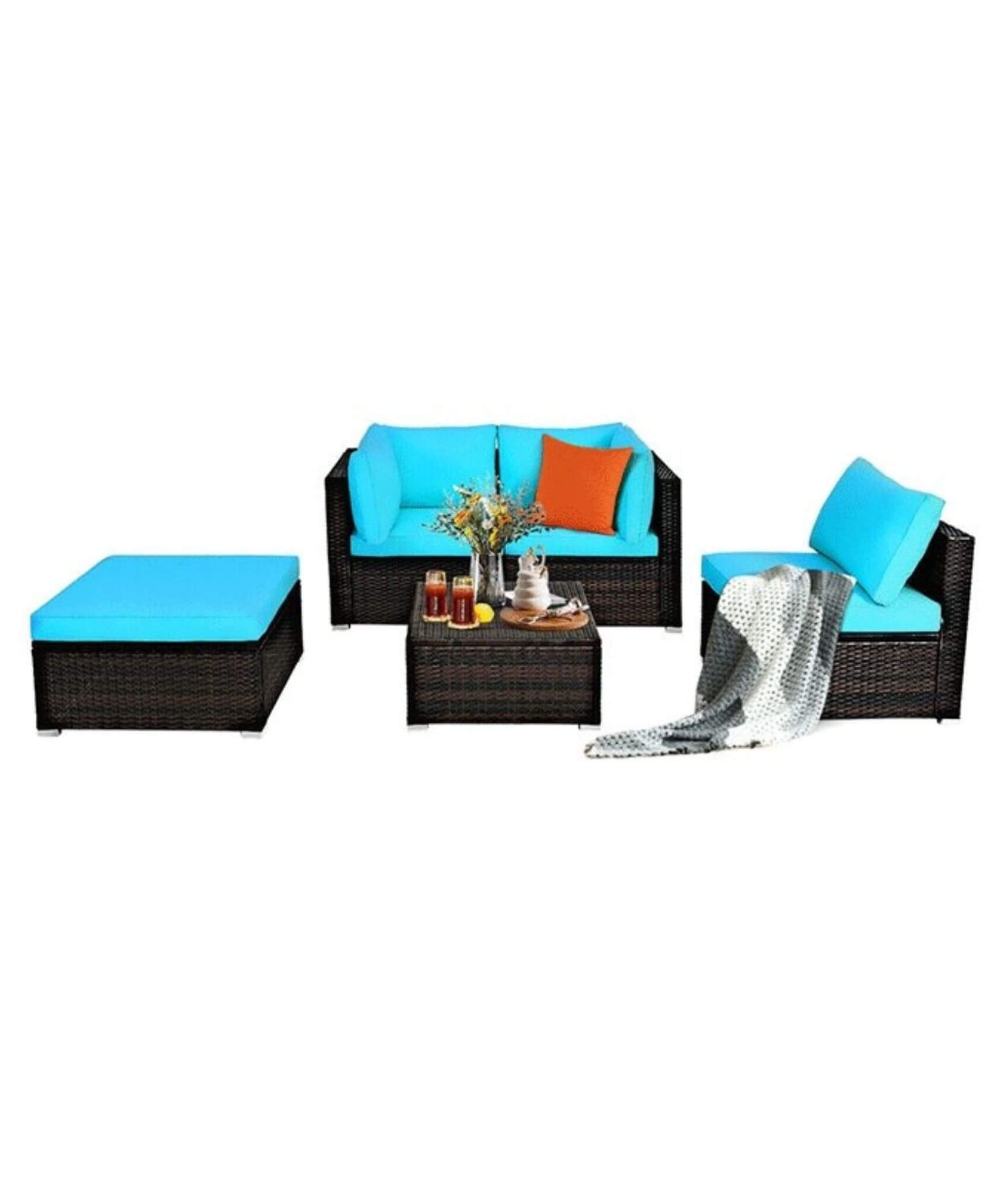 Alora Outdoor 5-Piece Patio Rattan Turquoise Furniture Sectional Conversation Sofa Set (SAK56878)