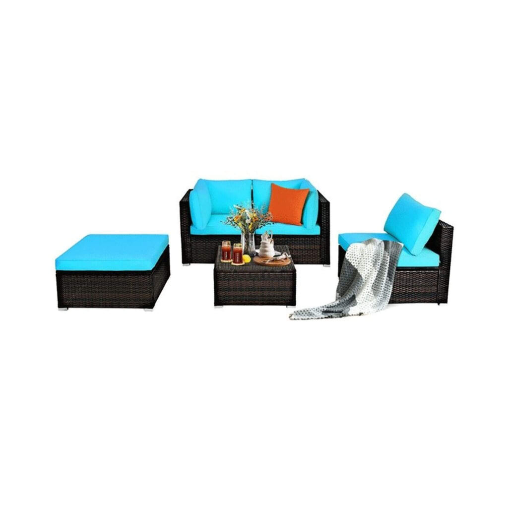 Alora Outdoor 5-Piece Patio Rattan Turquoise Furniture Sectional Conversation Sofa Set (SAK56878)