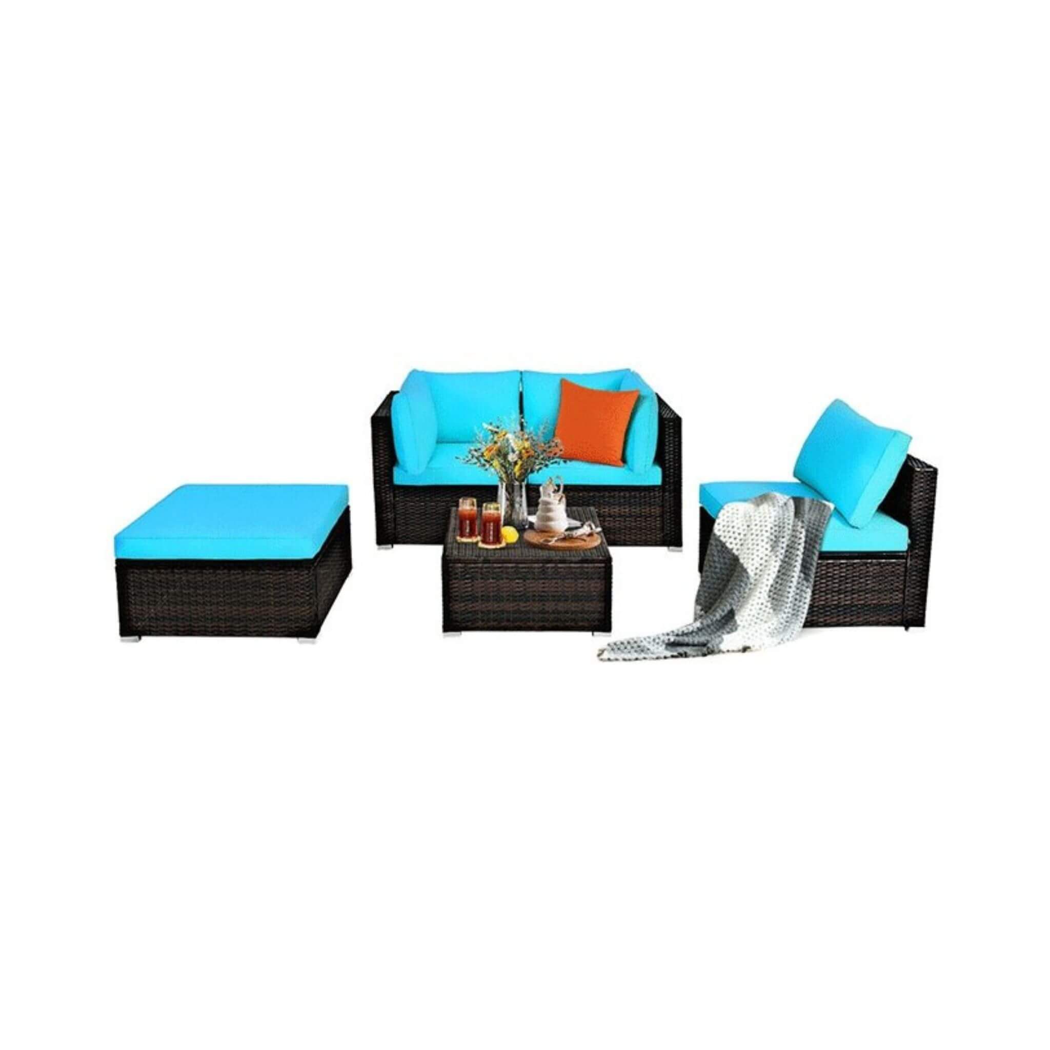 Alora Outdoor 5-Piece Patio Rattan Turquoise Furniture Sectional Conversation Sofa Set (SAK56878)