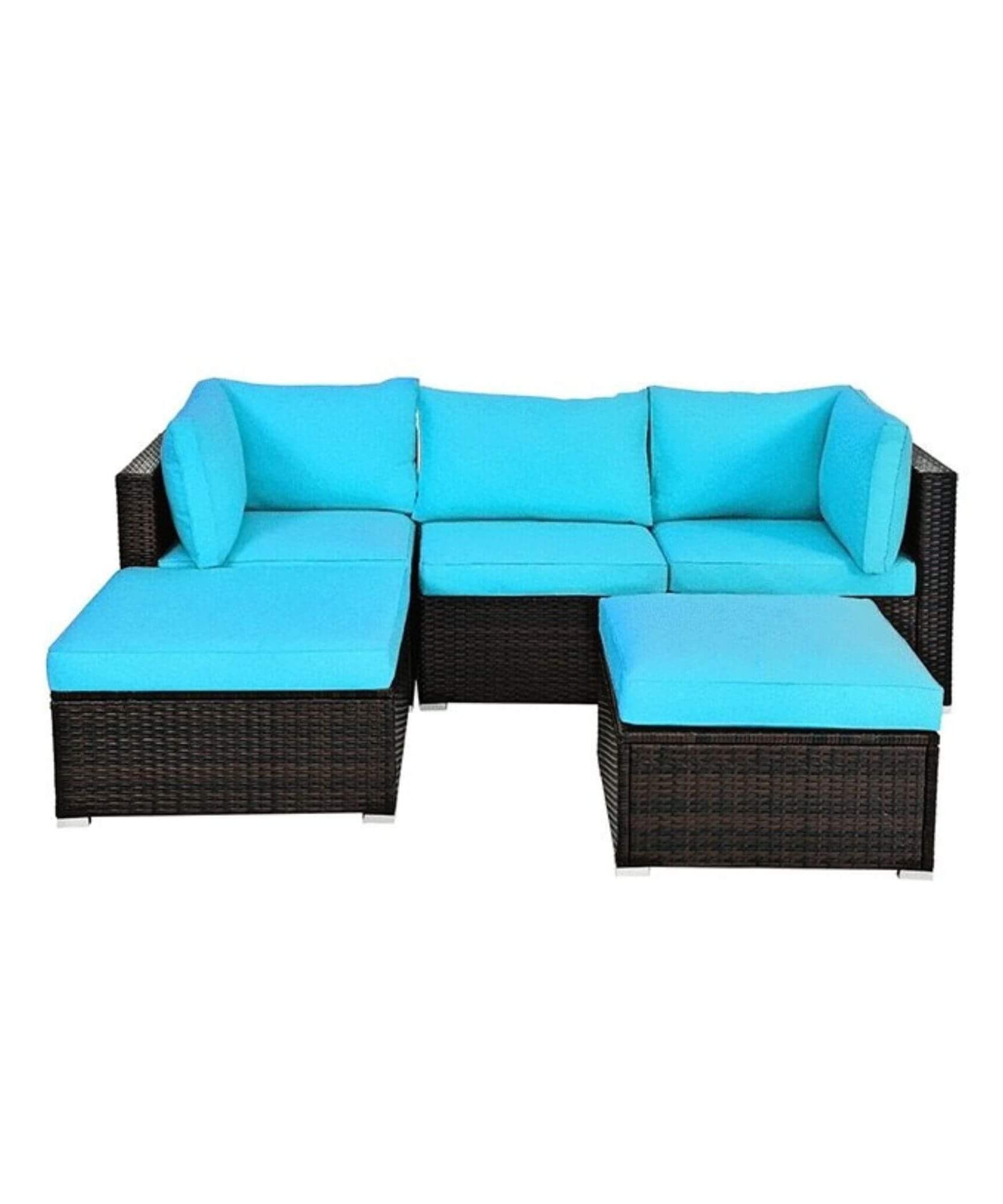 Alora Outdoor 5-Piece Patio Rattan Turquoise Furniture Sectional Conversation Sofa Set (SAK56878)
