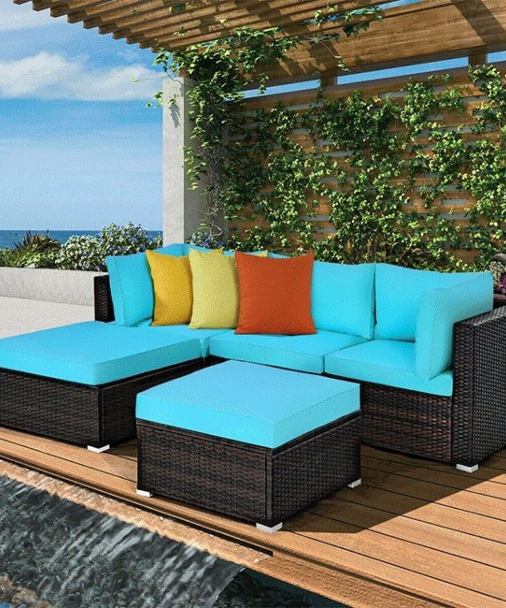 Alora Outdoor 5-Piece Patio Rattan Turquoise Furniture Sectional Conversation Sofa Set (SAK56878)