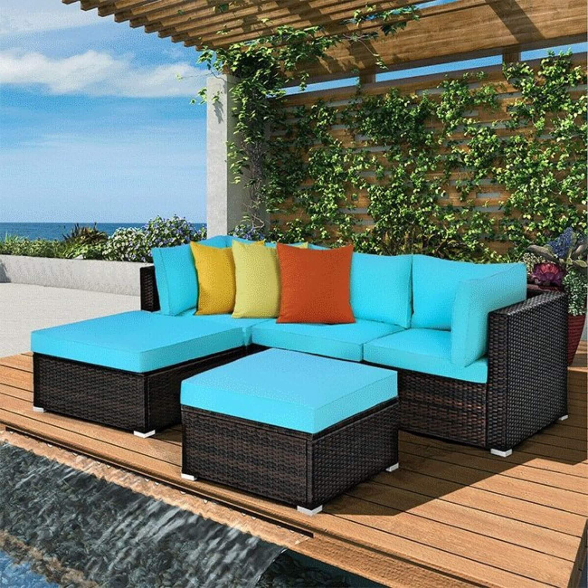 Alora Outdoor 5-Piece Patio Rattan Turquoise Furniture Sectional Conversation Sofa Set (SAK56878)