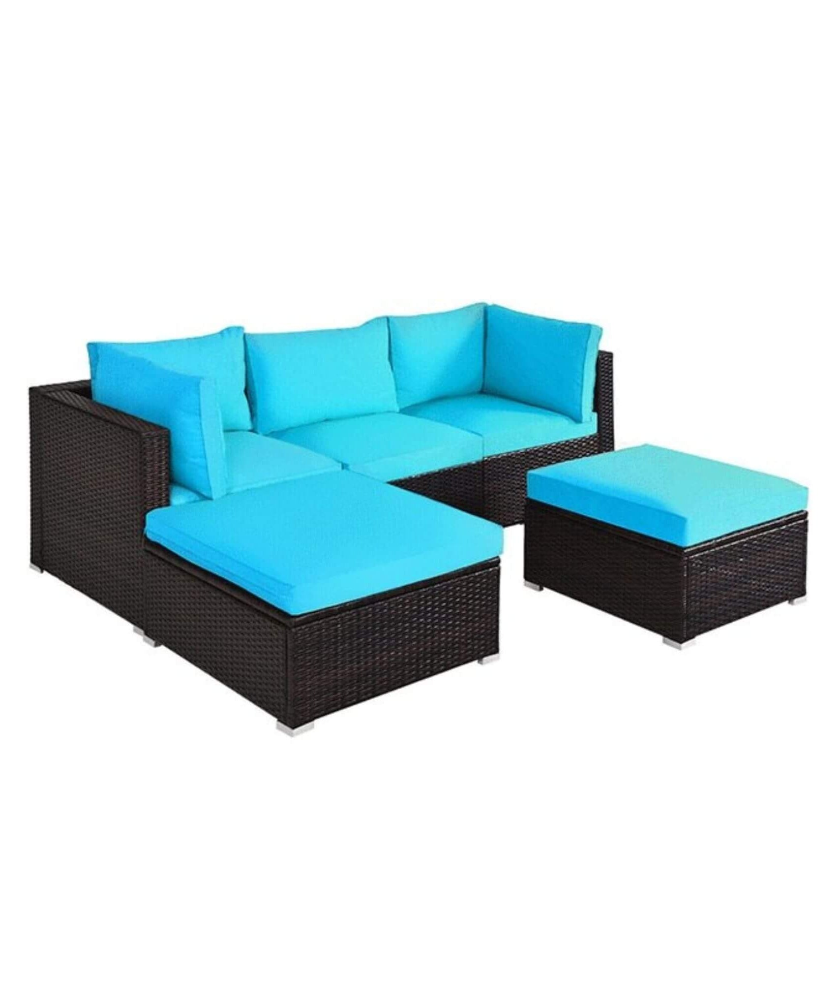 Alora Outdoor 5-Piece Patio Rattan Turquoise Furniture Sectional Conversation Sofa Set (SAK56878)